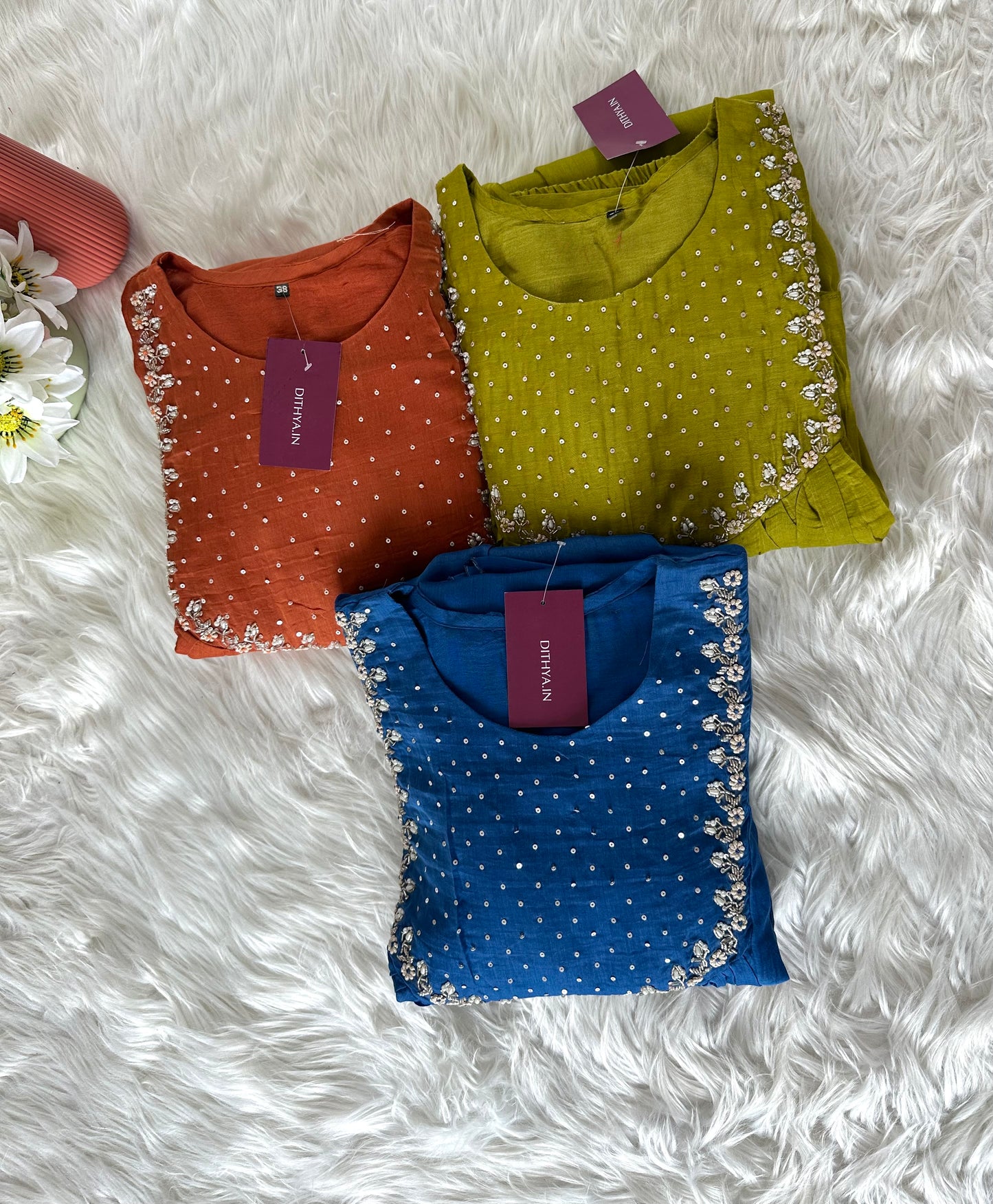K087 - Mul Chanderi handwork Aline Kurti with pants and dupatta in 3 colours