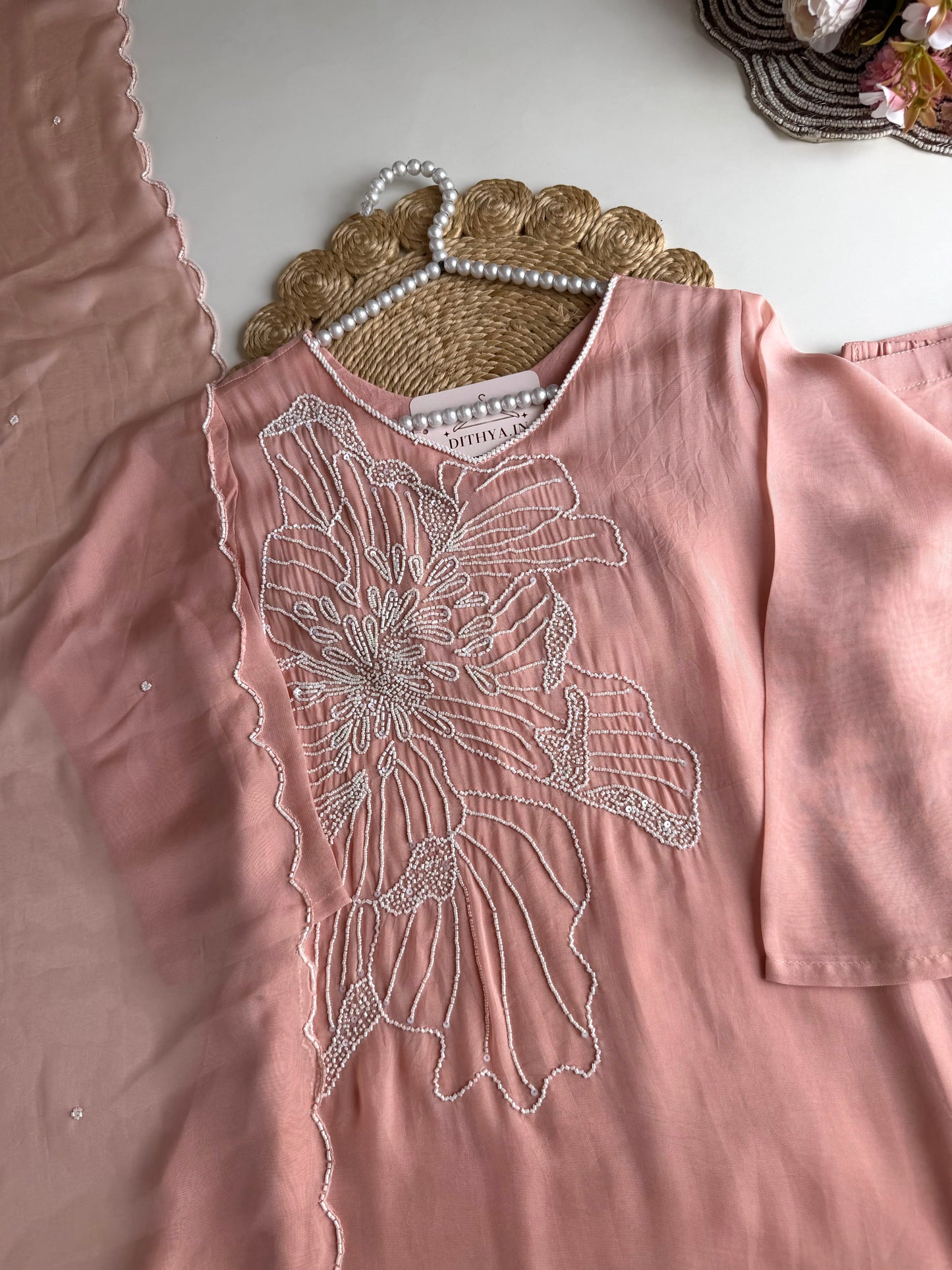 K525 - Pure Crape handwork Kurti with divider pants and dupatta