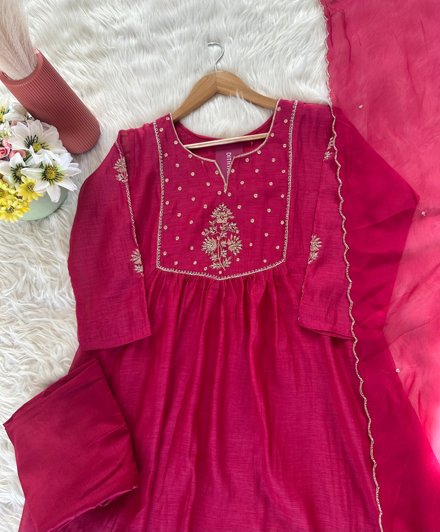 K037 - Mul Chanderi handwork Aline Kurti with pants and dupatta