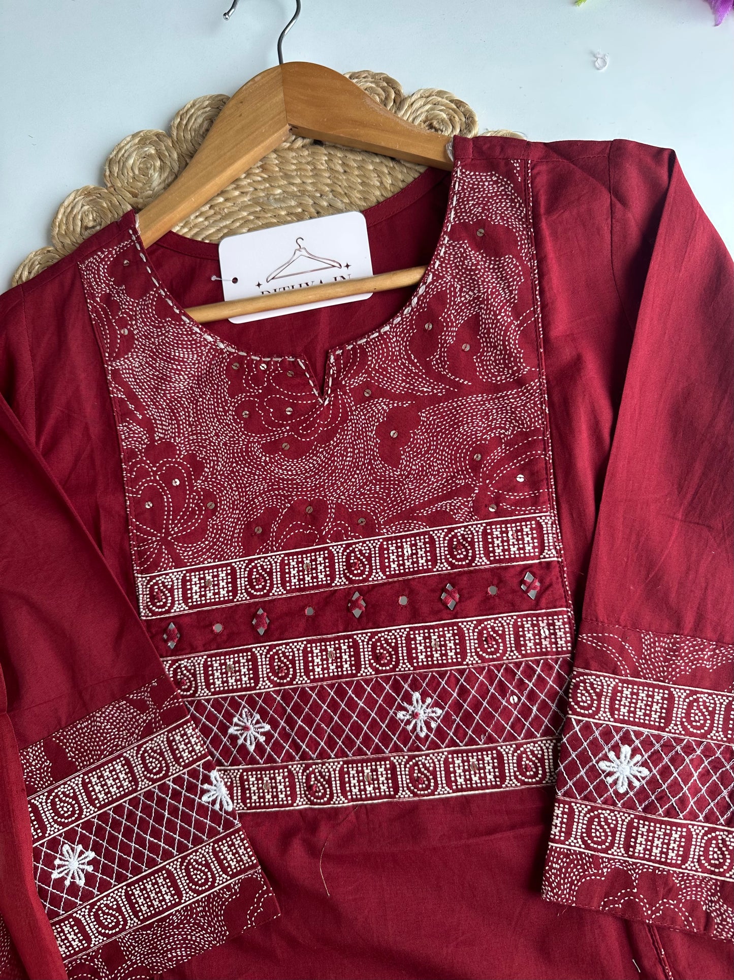 K669 - Mul cotton embroidered Aline Kurti with pants and dupatta