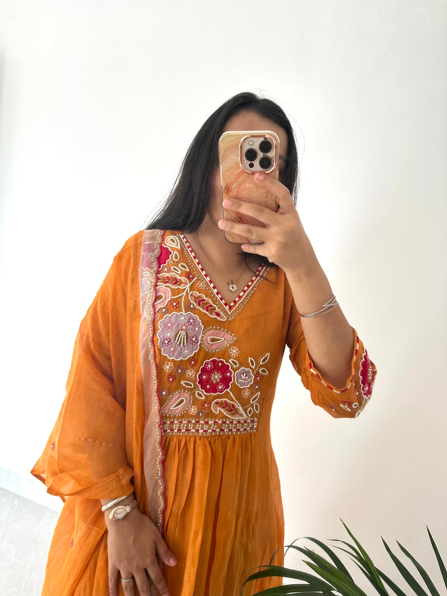 K366 - Mul Chanderi handwork Anarkali with pants and dupatta