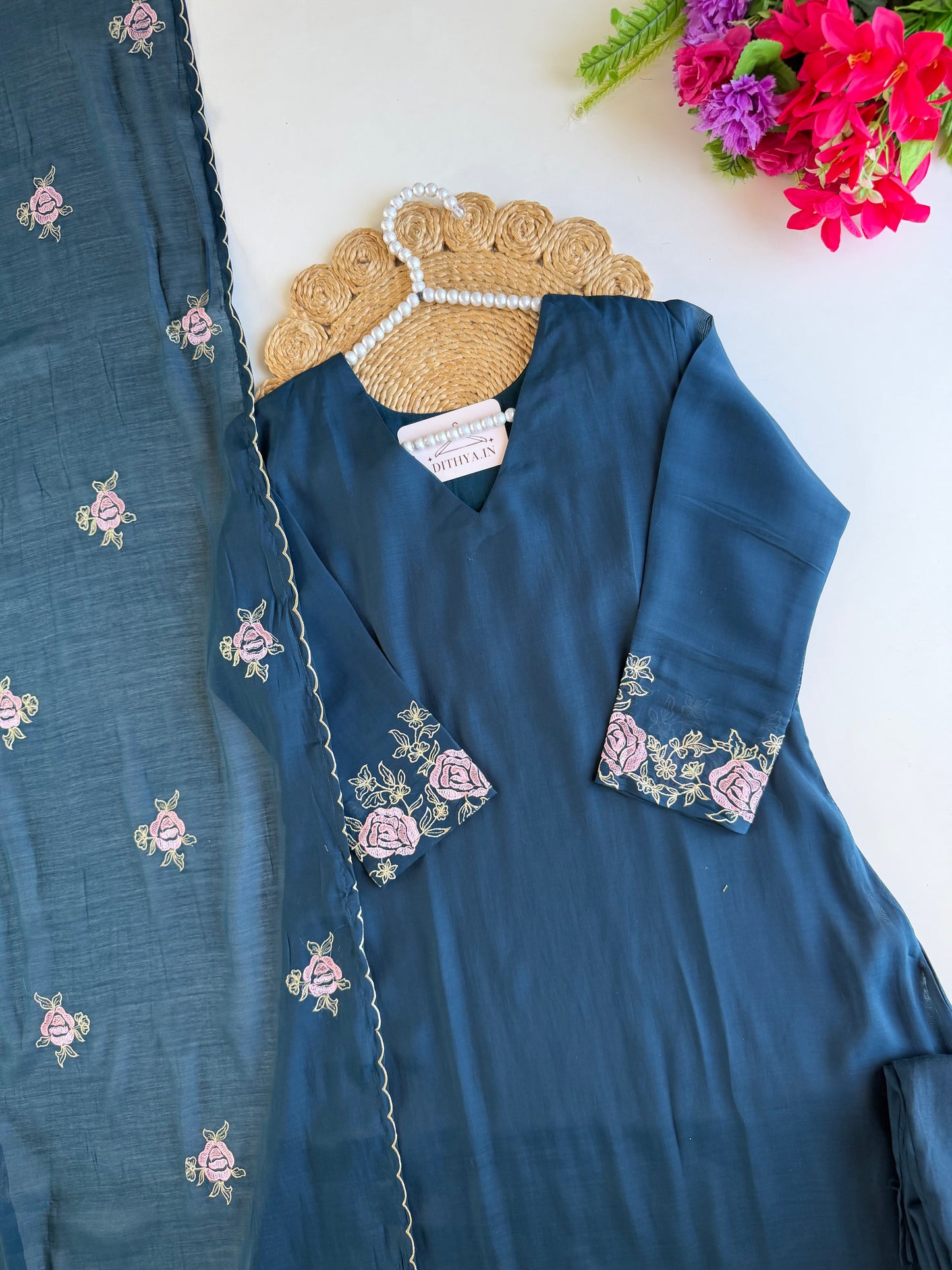 K582 - Surat Mul chanderi embroidered Aline Kurti with pants and dupatta