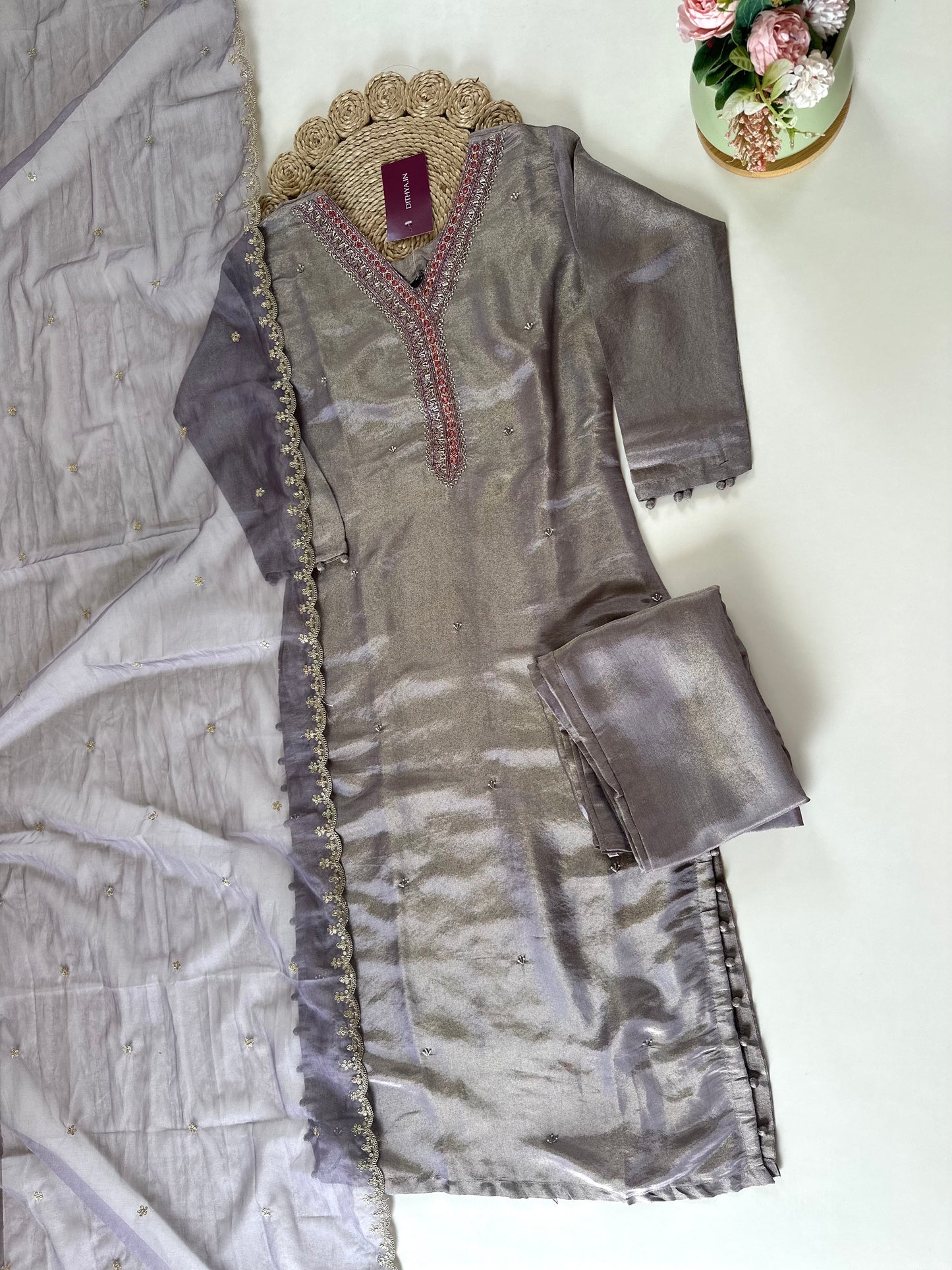 K078 - Shimmer Tissue silk straight kurti with pants and dupatta.