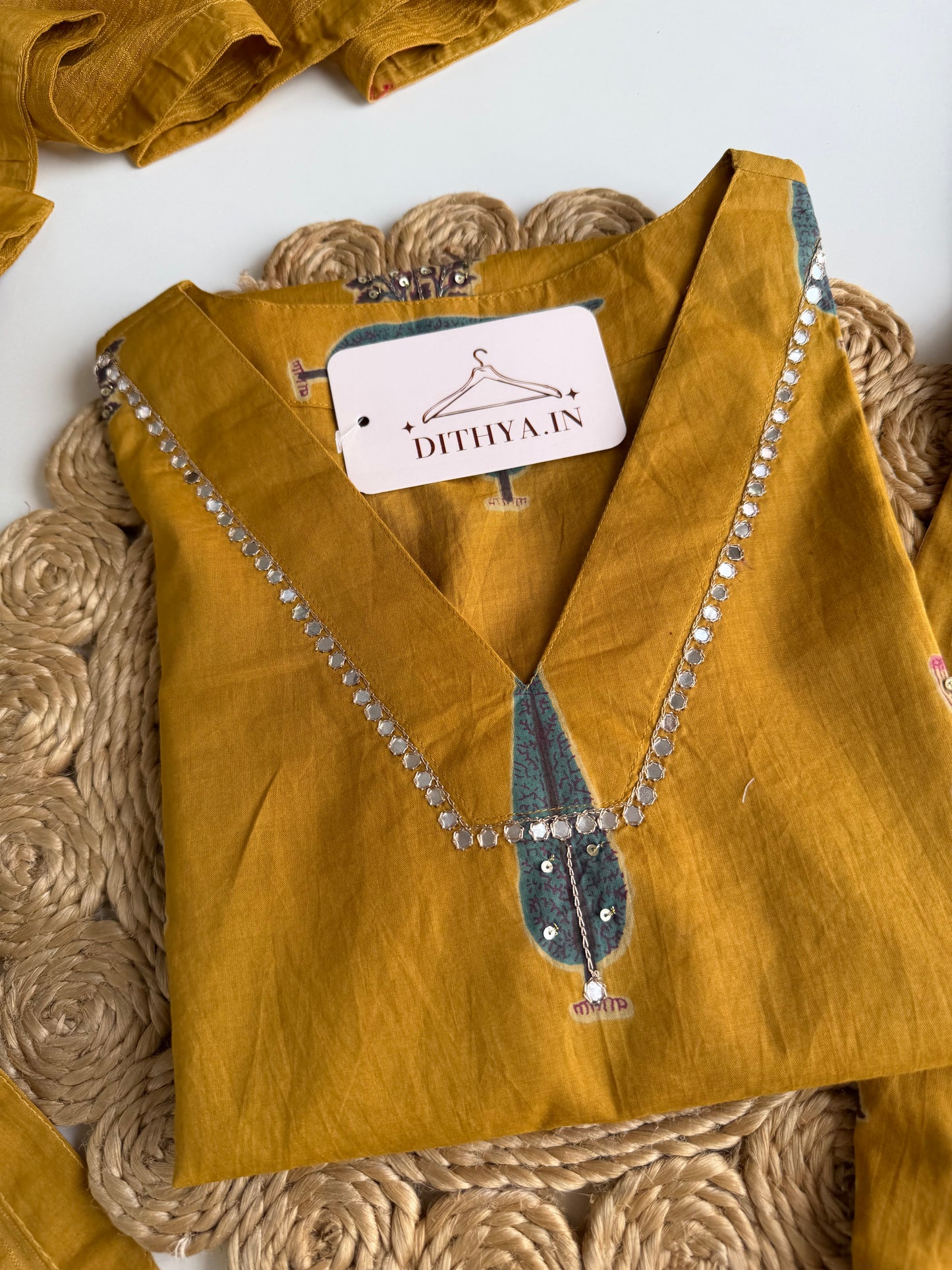 K697 - Mul cotton embroidered short Kurti with divider pants and dupatta