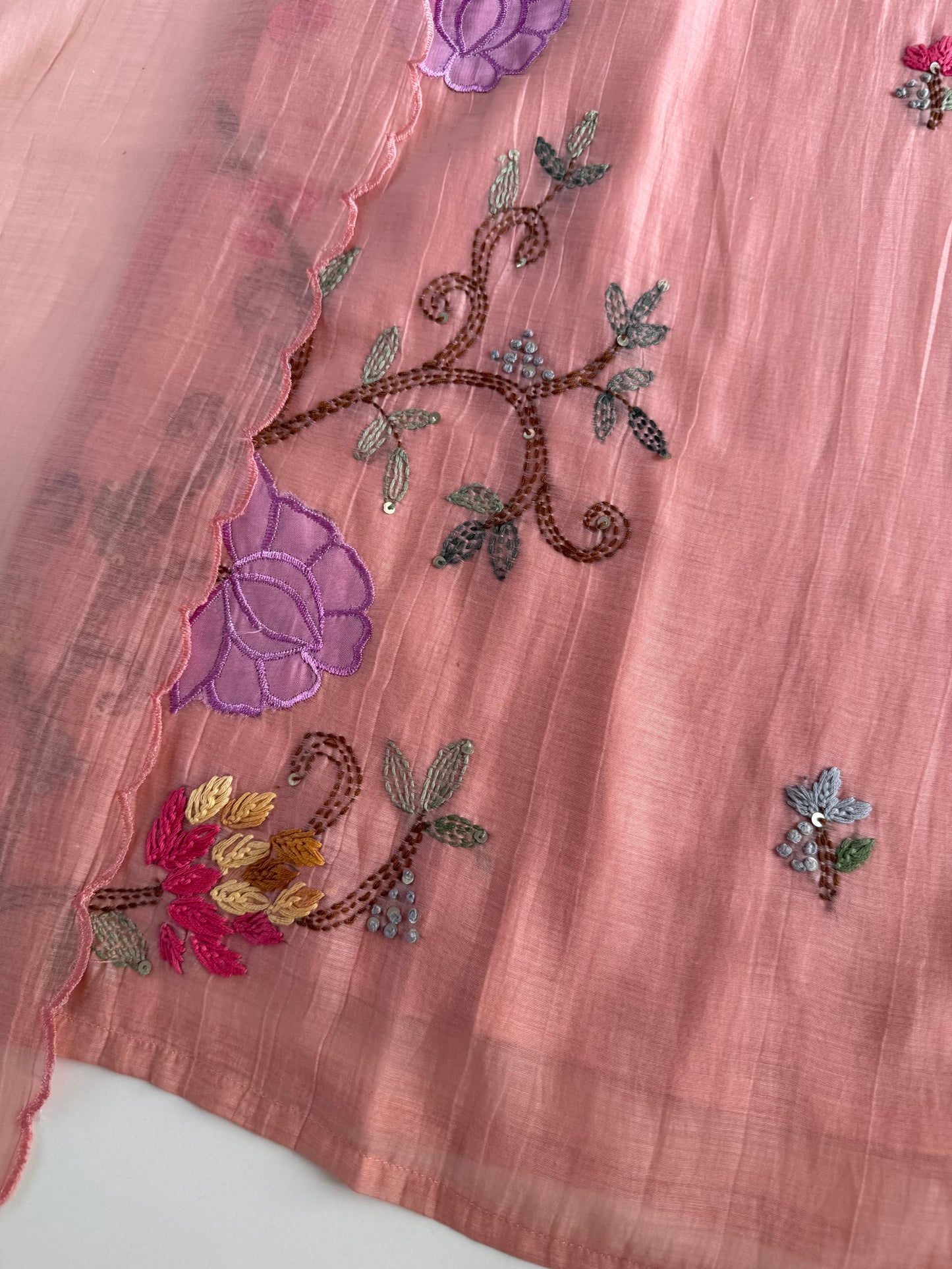 K274 - Mul chanderi appliqué embroidered straight Kurti with pants and dupatta