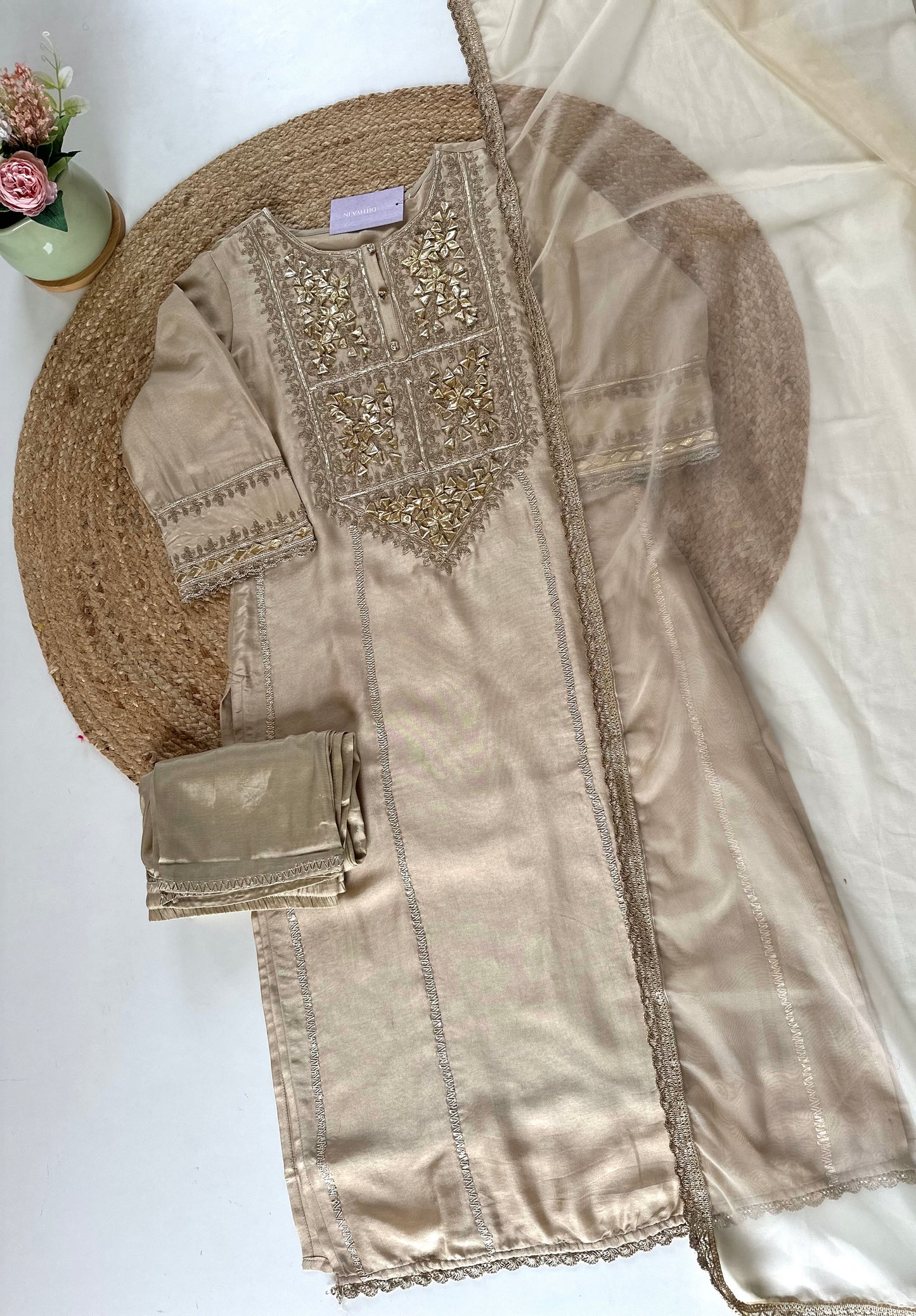 K255-Russian silk Gota work straight kurti with pants and organza dupatta in 2 colours .