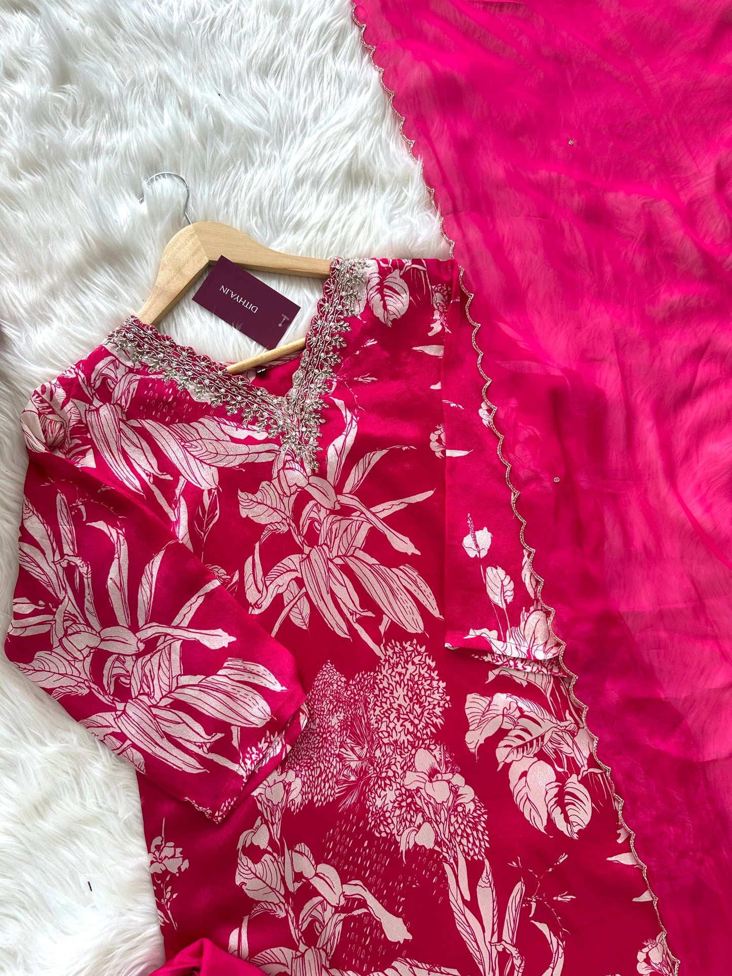 K431 - Chinnon floral straight Kurti with pants and dupatta in 2 colours