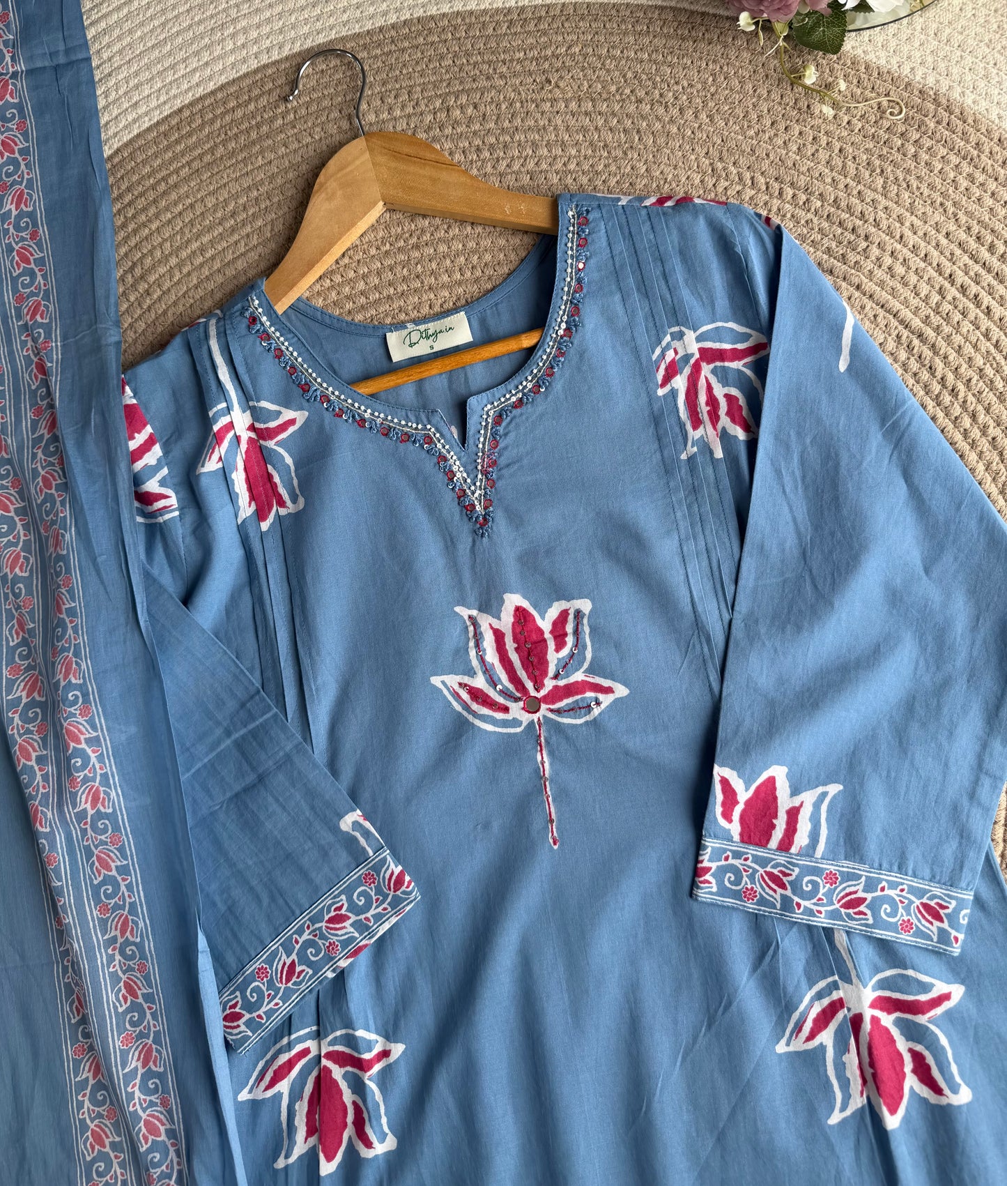 K164 - Mul cotton embroidered Aline Kurti with pants and dupatta in 3 colours