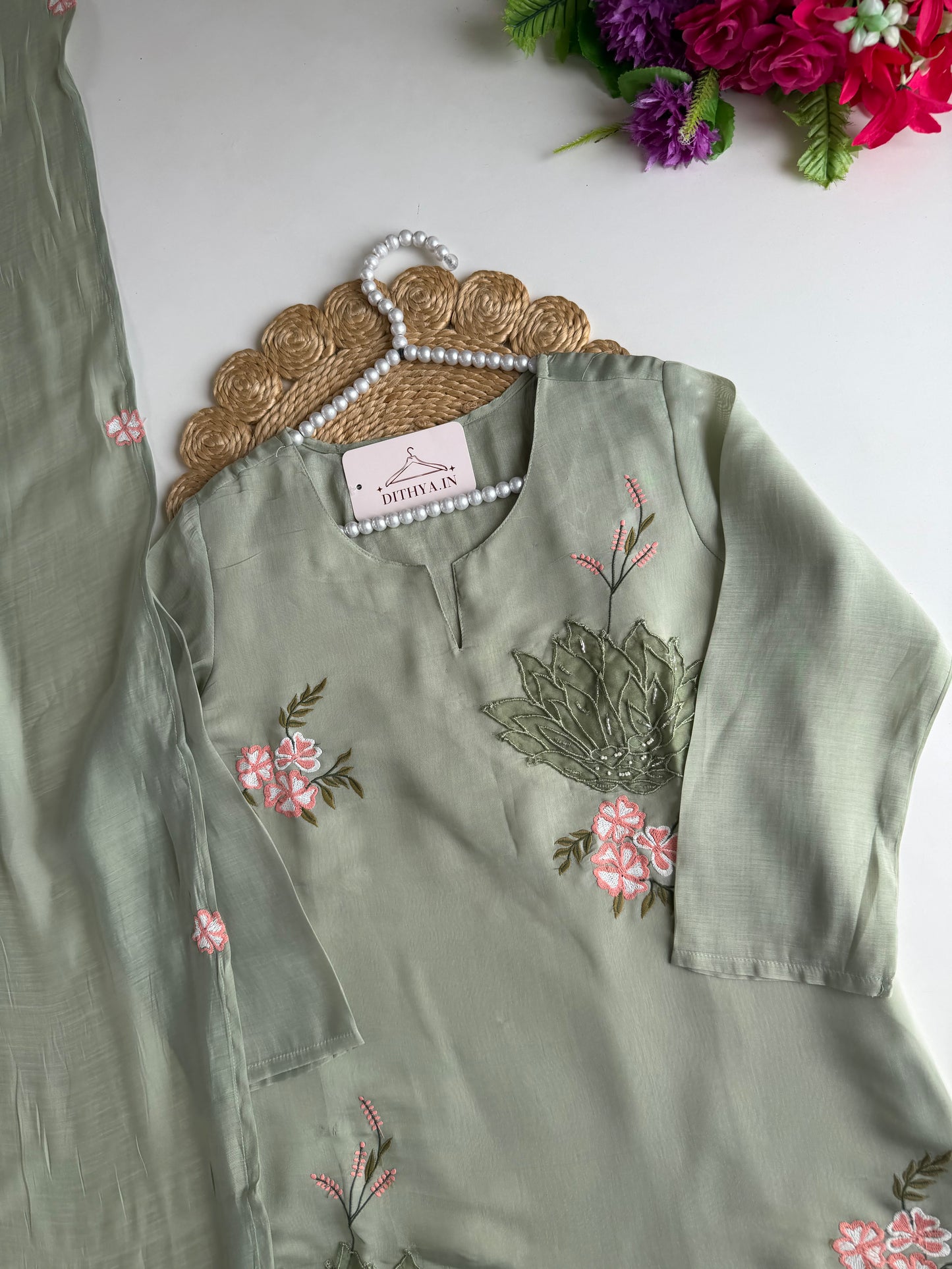 K592 - Surat Mul chanderi handwork straight Kurti with pants and dupatta