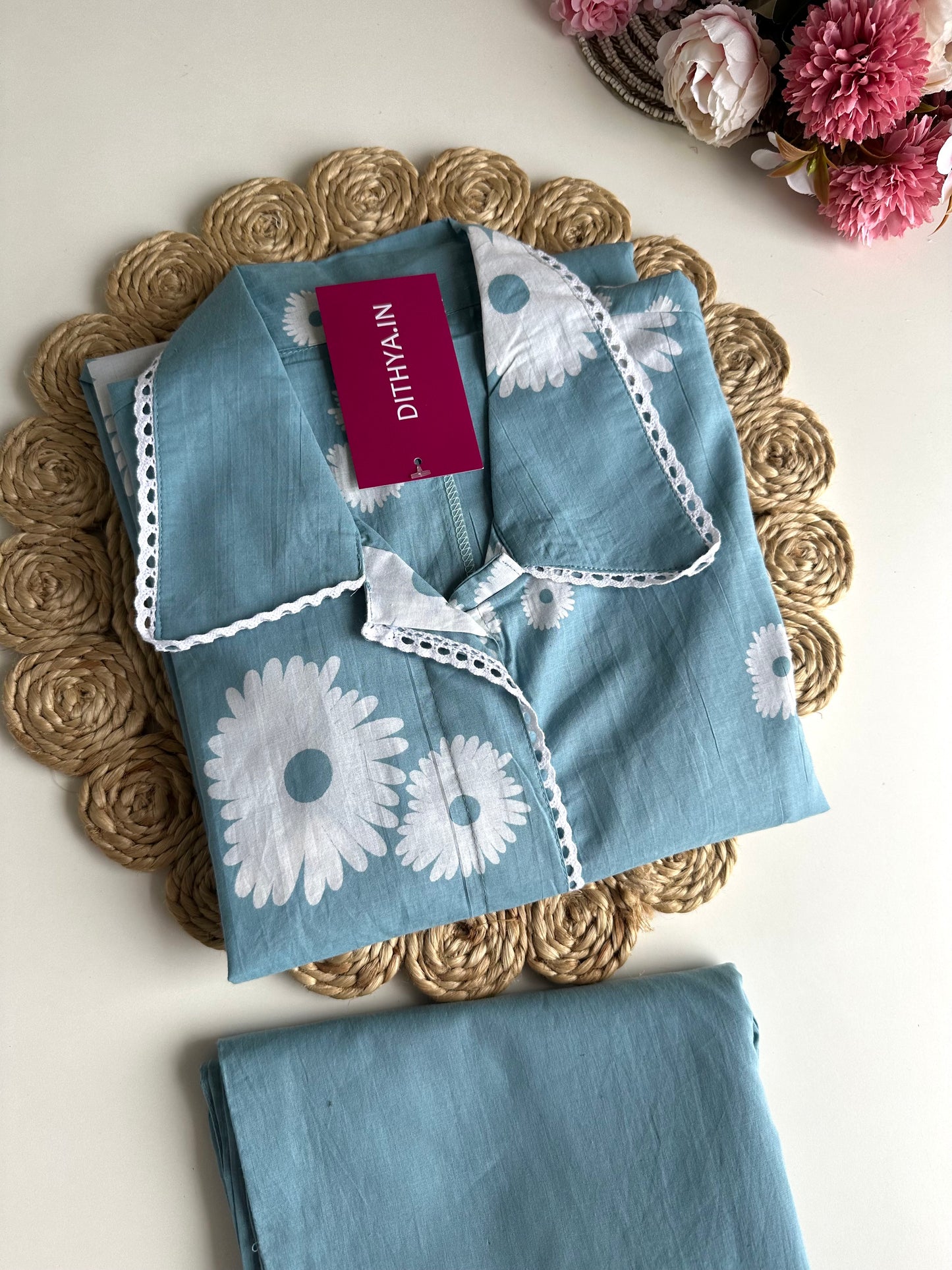 K217 - Cotton floral Aline Kurti with pants