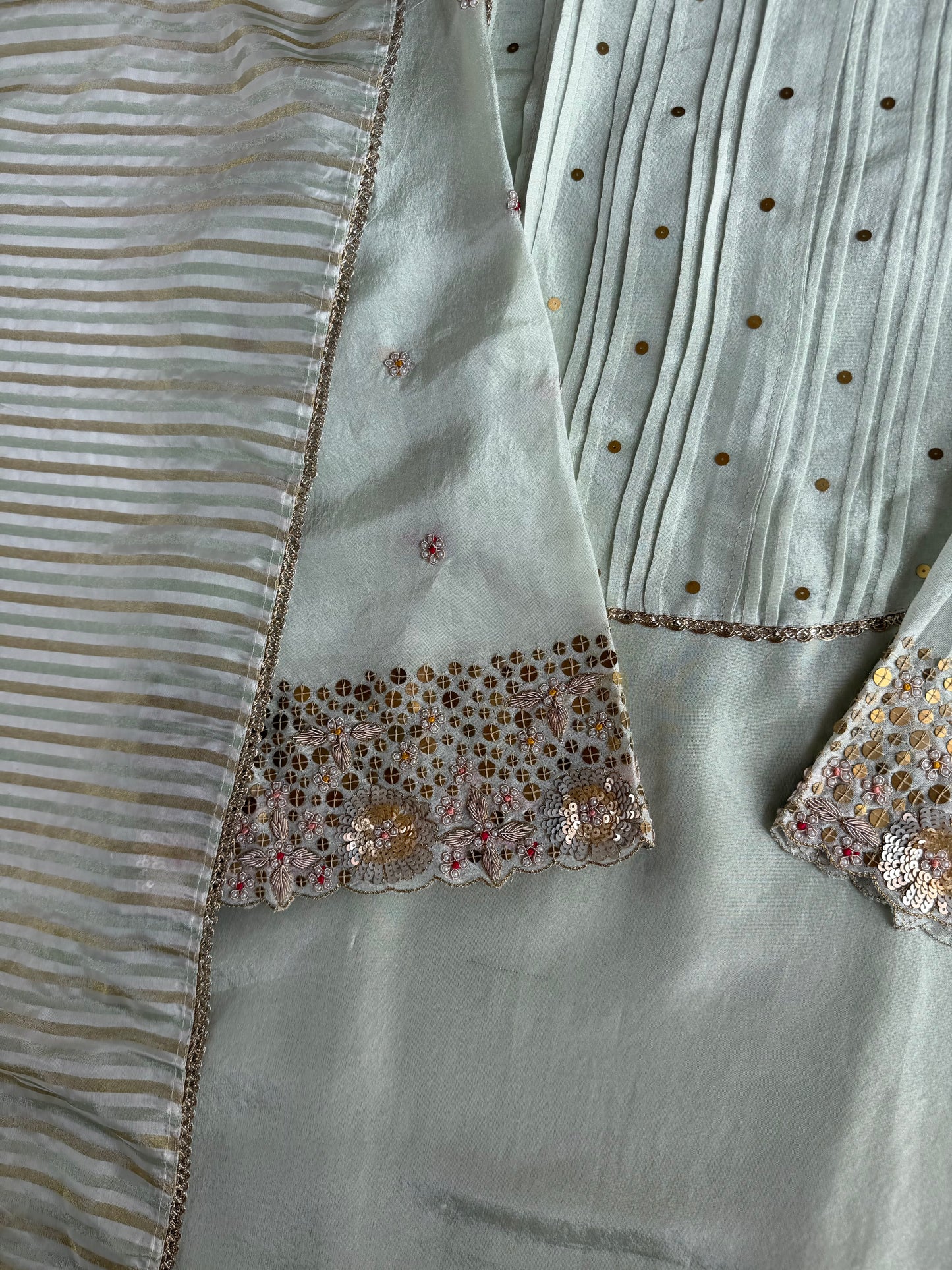 K700 - Tissue silk handwork aline Kurti with pants and dupatta