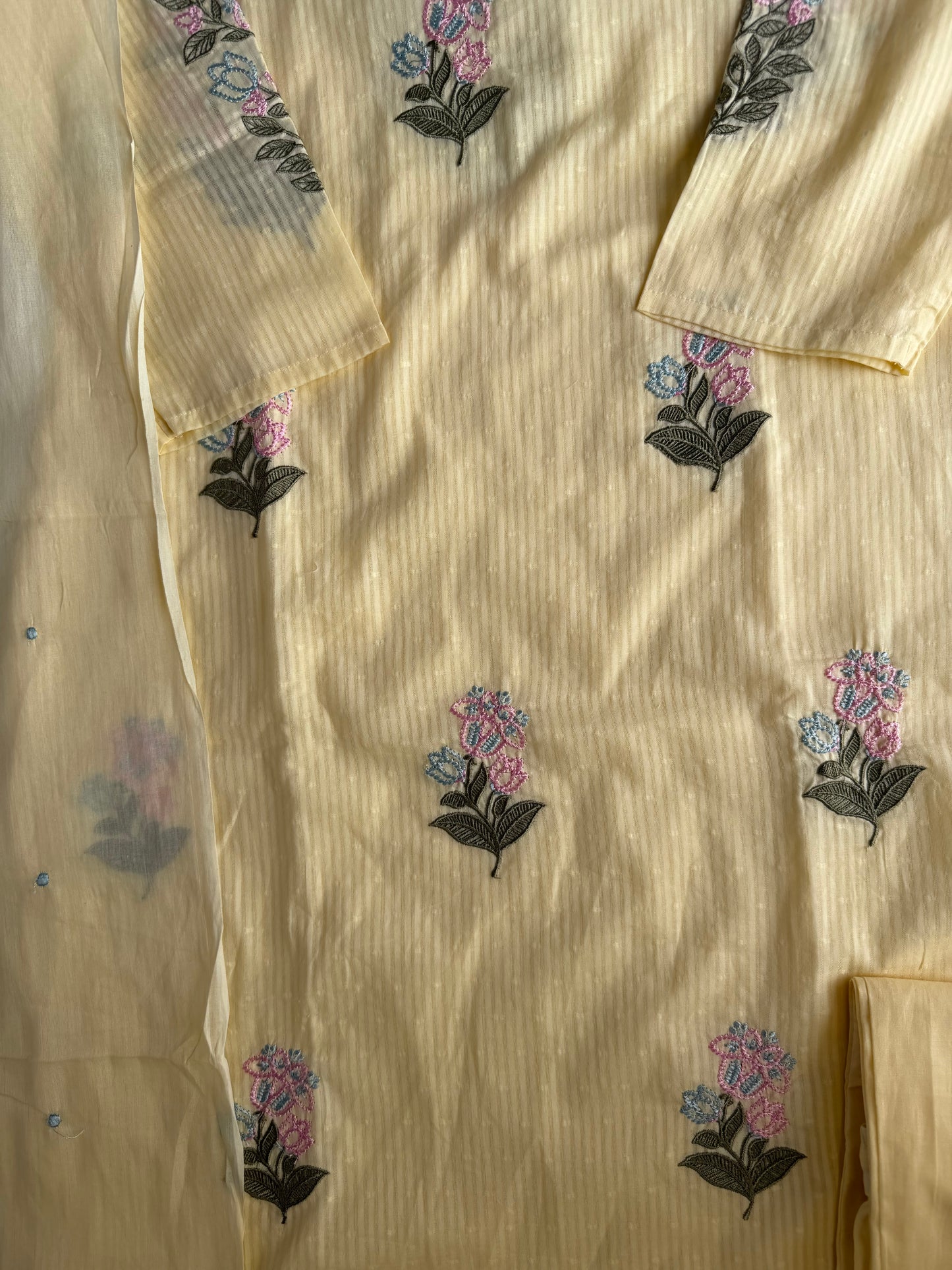 K678 - Mul cotton embroidered straight Kurti with pants and dupatta