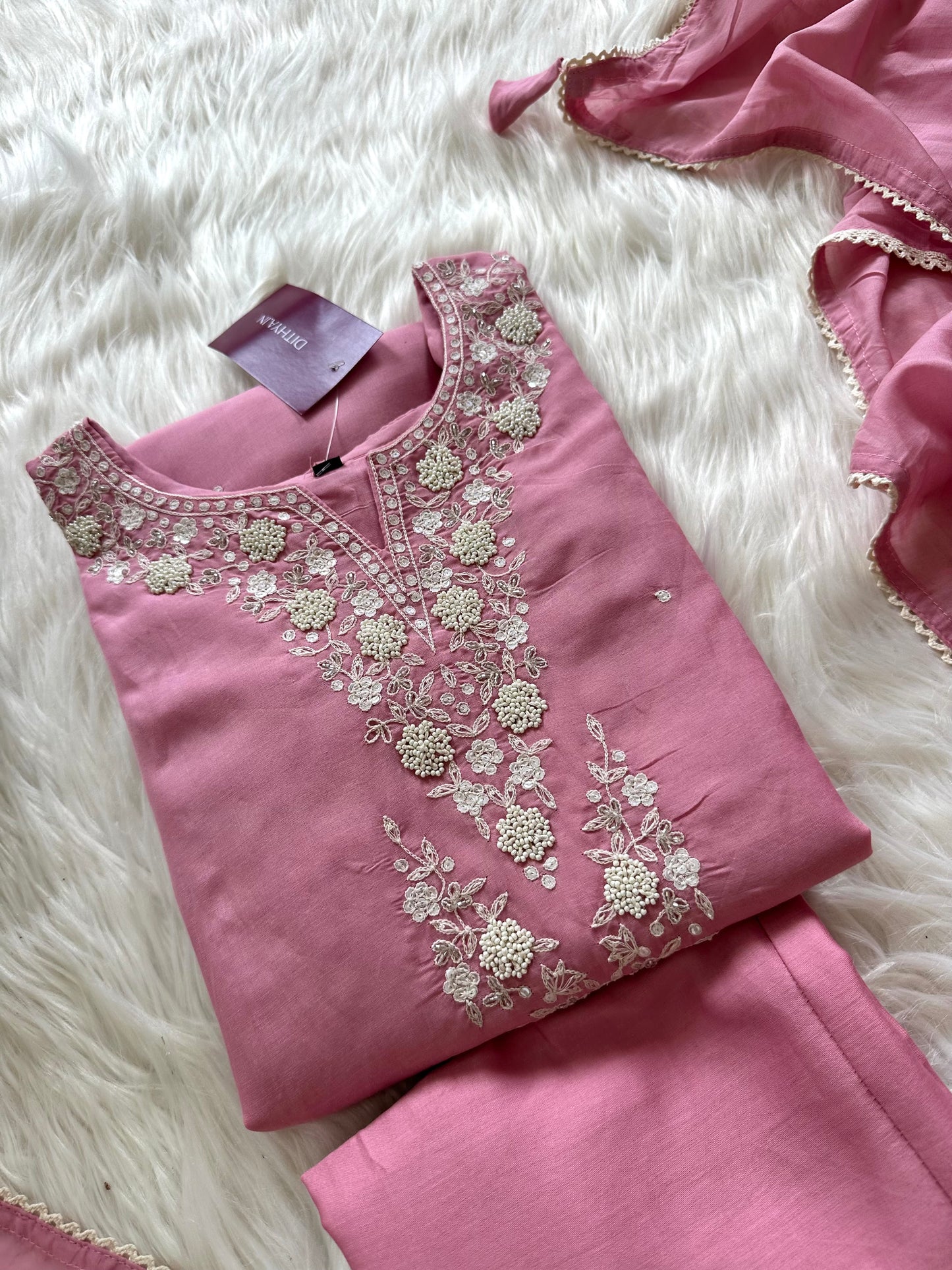 K397 - Mul Chanderi handwork Aline Kurti with pants and dupatta