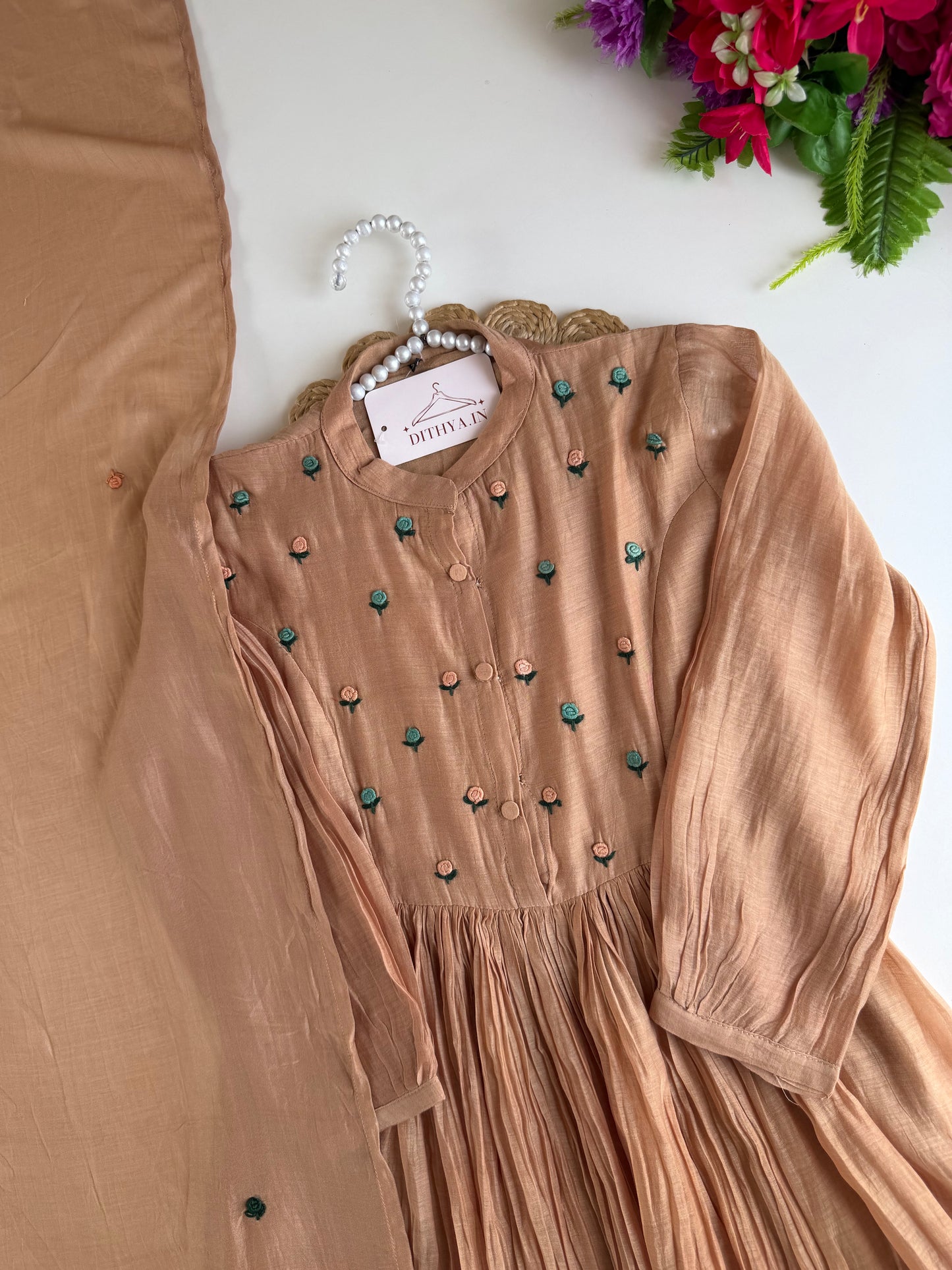 K189 - Mul chanderi embroidered Anarkali with pants and dupatta