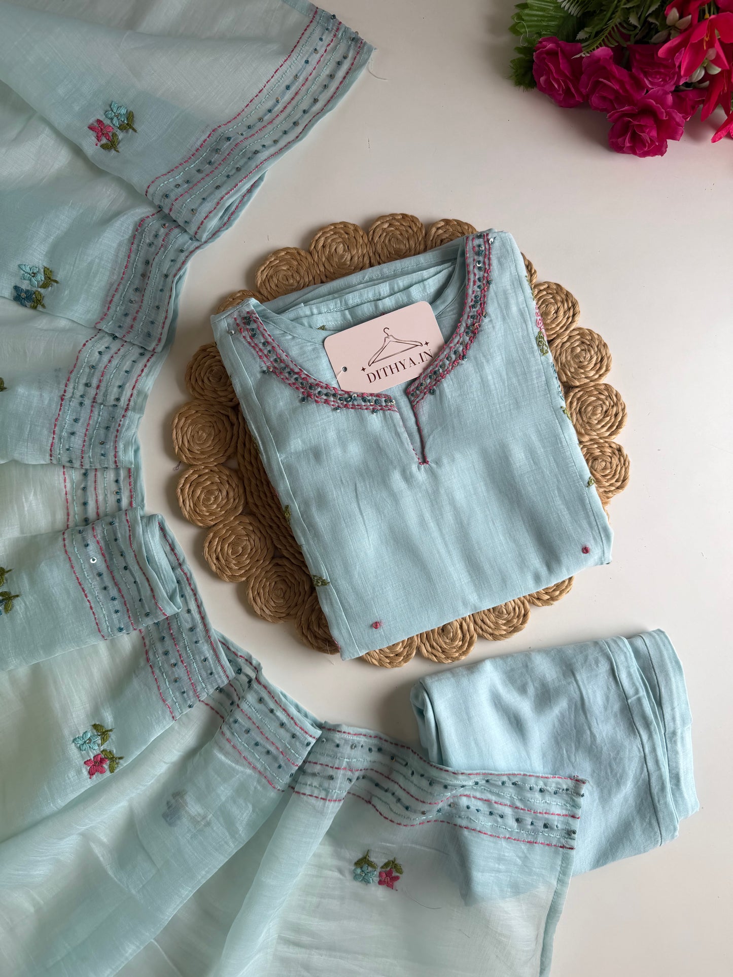 K723 - Mul chanderi embroidered straight Kurti with pants and dupatta