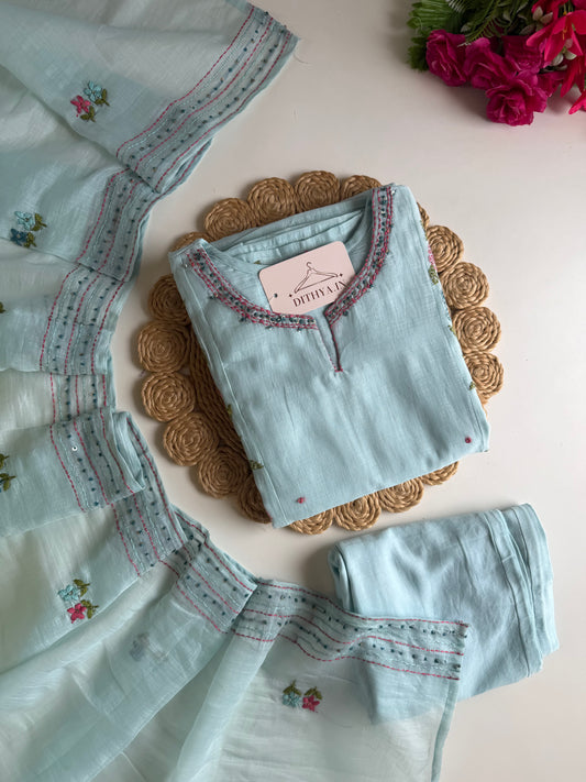K723 - Mul chanderi embroidered straight Kurti with pants and dupatta