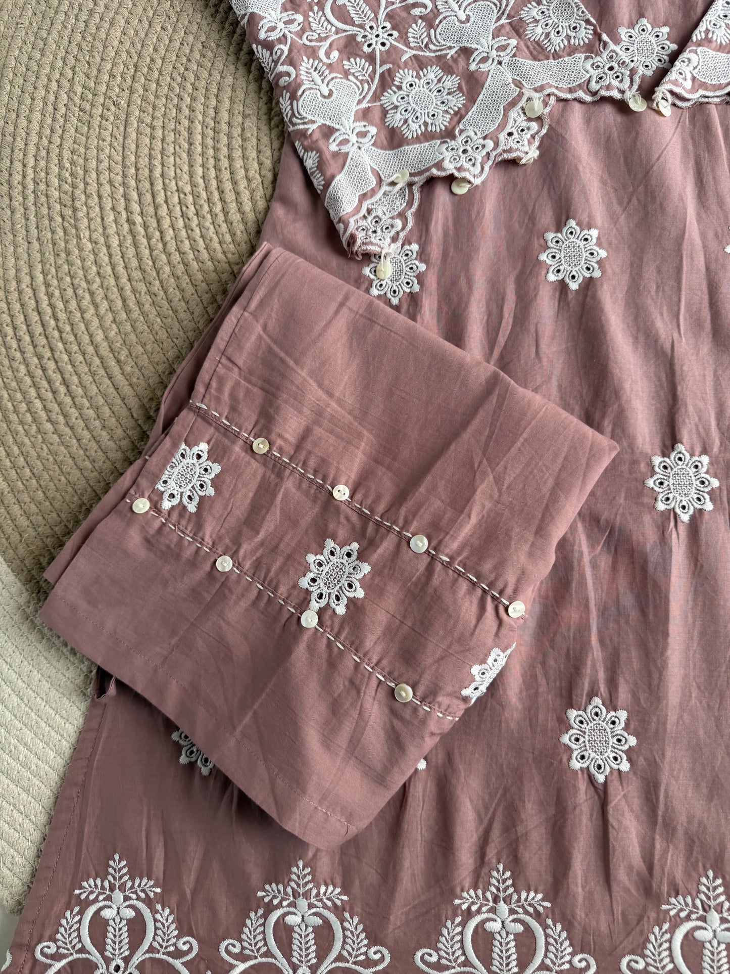 K718 - Cotton embroidered Aline Kurti with pants in 3 colours