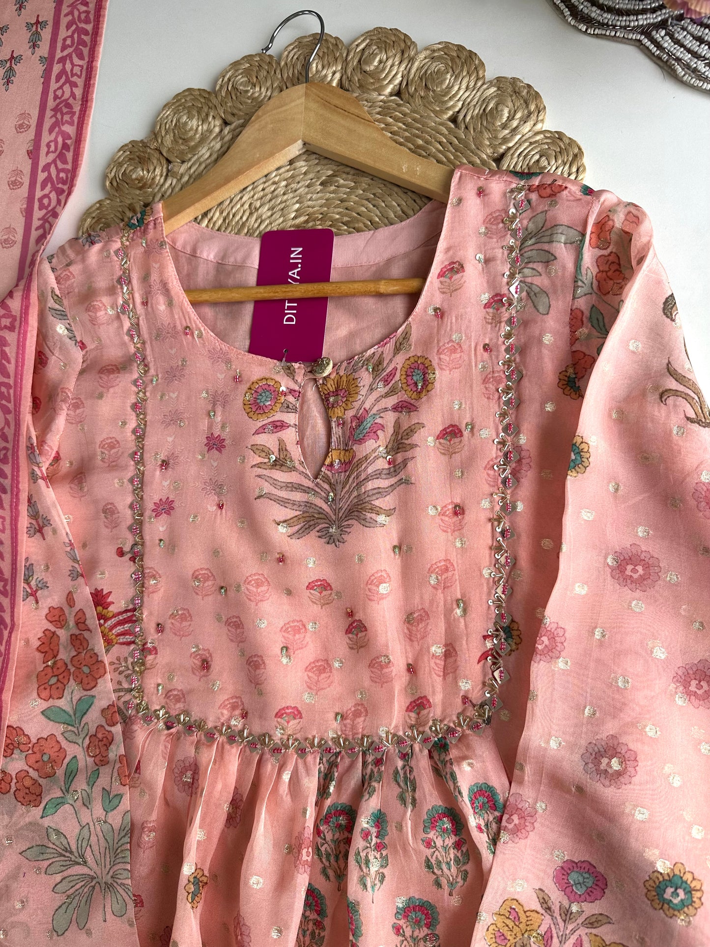 K424 - Viscose organza floral Anarkali with pants and dupatta
