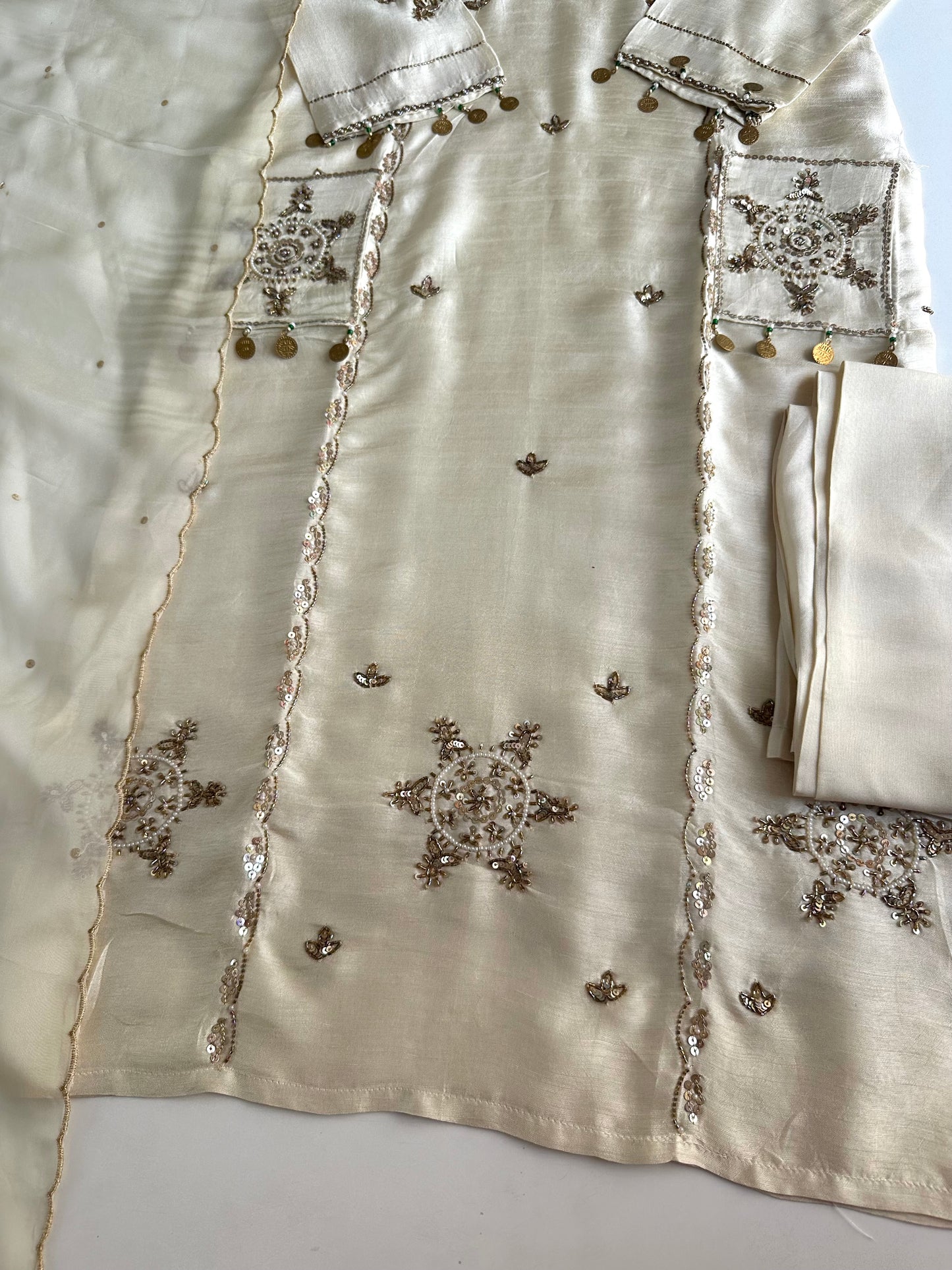 K188 - Russian silk handwork straight Kurti with pants and dupatta in 2 colours