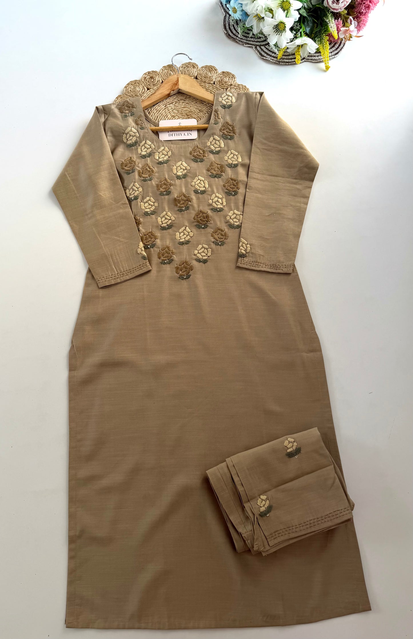 K114 - Mul cotton embroidered straight Kurti with pants