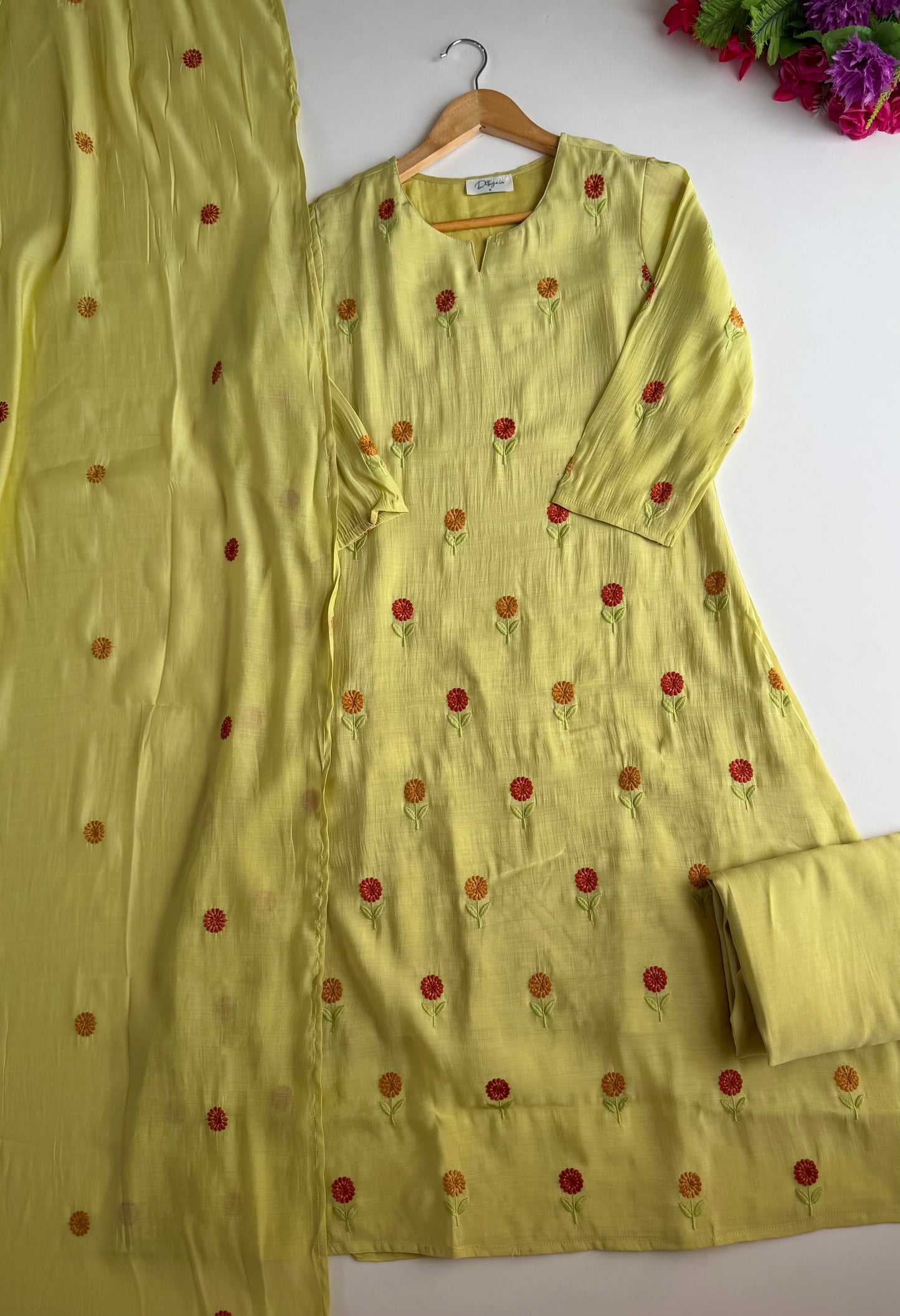 K570 - Surat Mul chanderi embroidered Aline Kurti with pants and dupatta