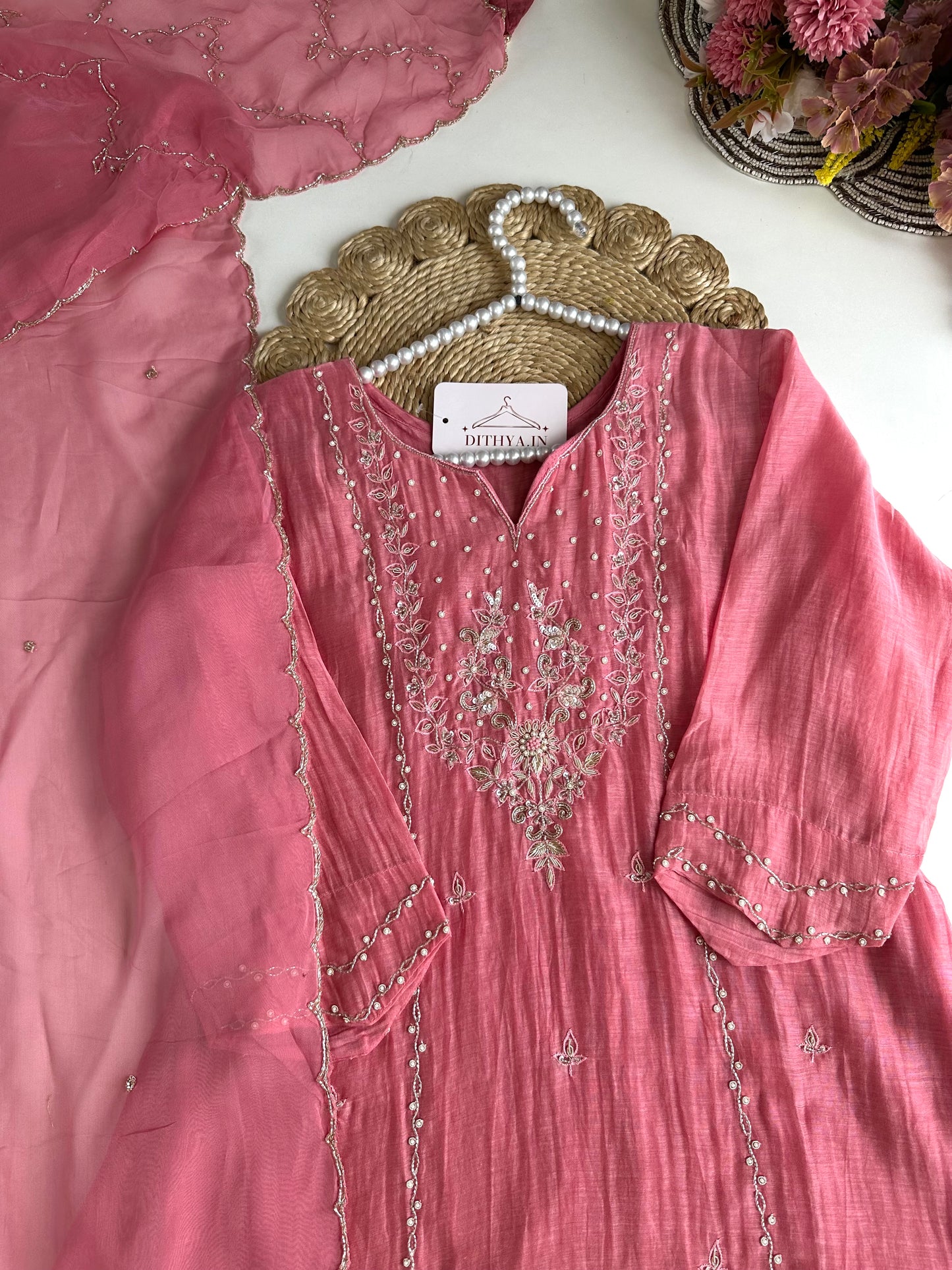 K195 - Mul Chanderi handwork Short Kurti with palazzo and dupatta