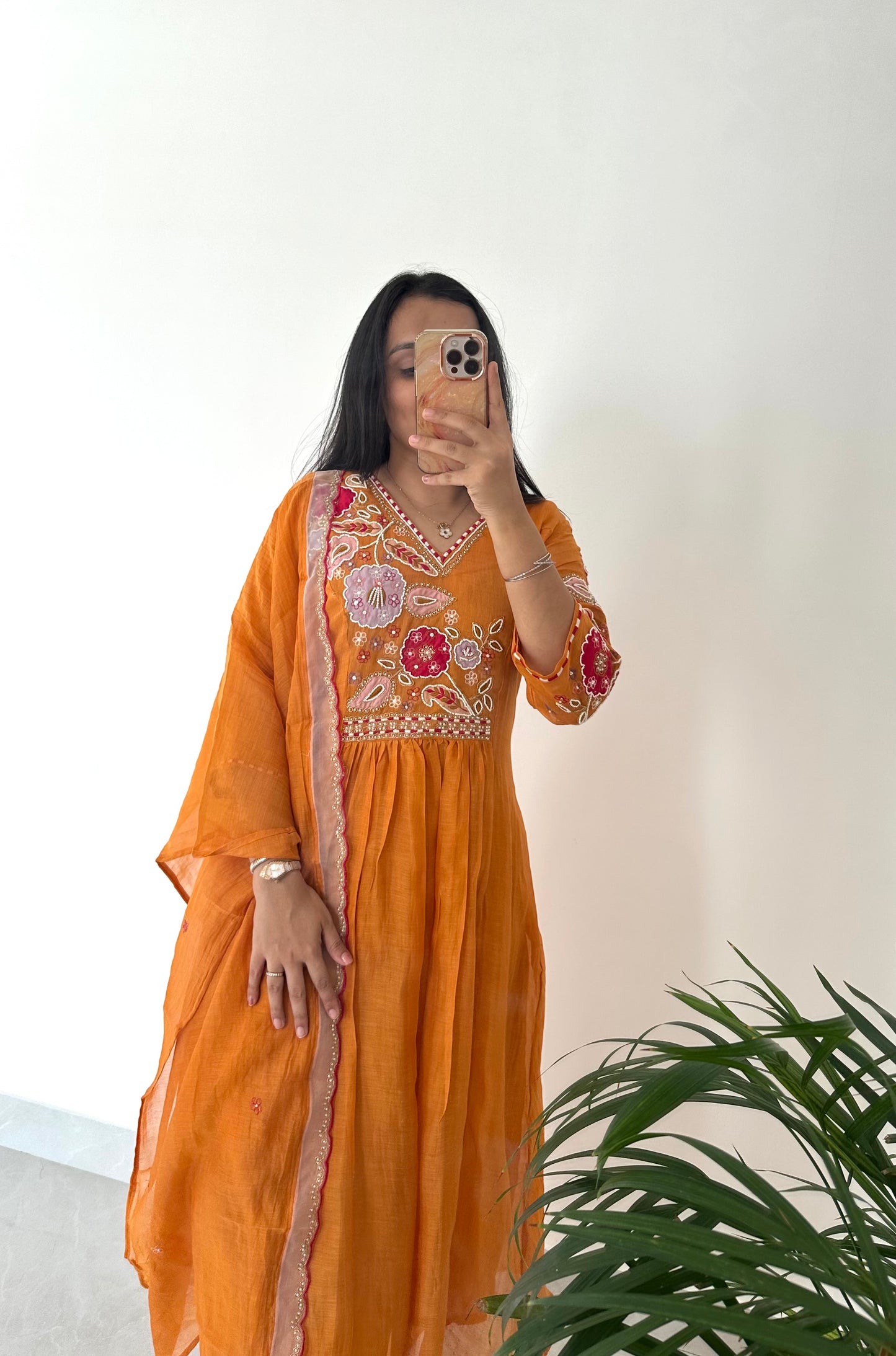 K366 - Mul Chanderi handwork Anarkali with pants and dupatta
