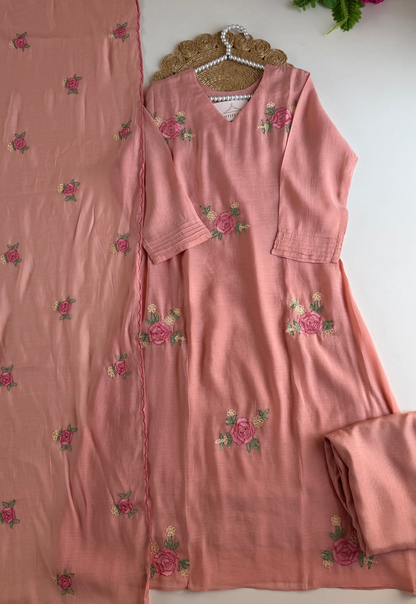 K648 - Surat Mul chanderi embroidered straight Kurti with pants and dupatta