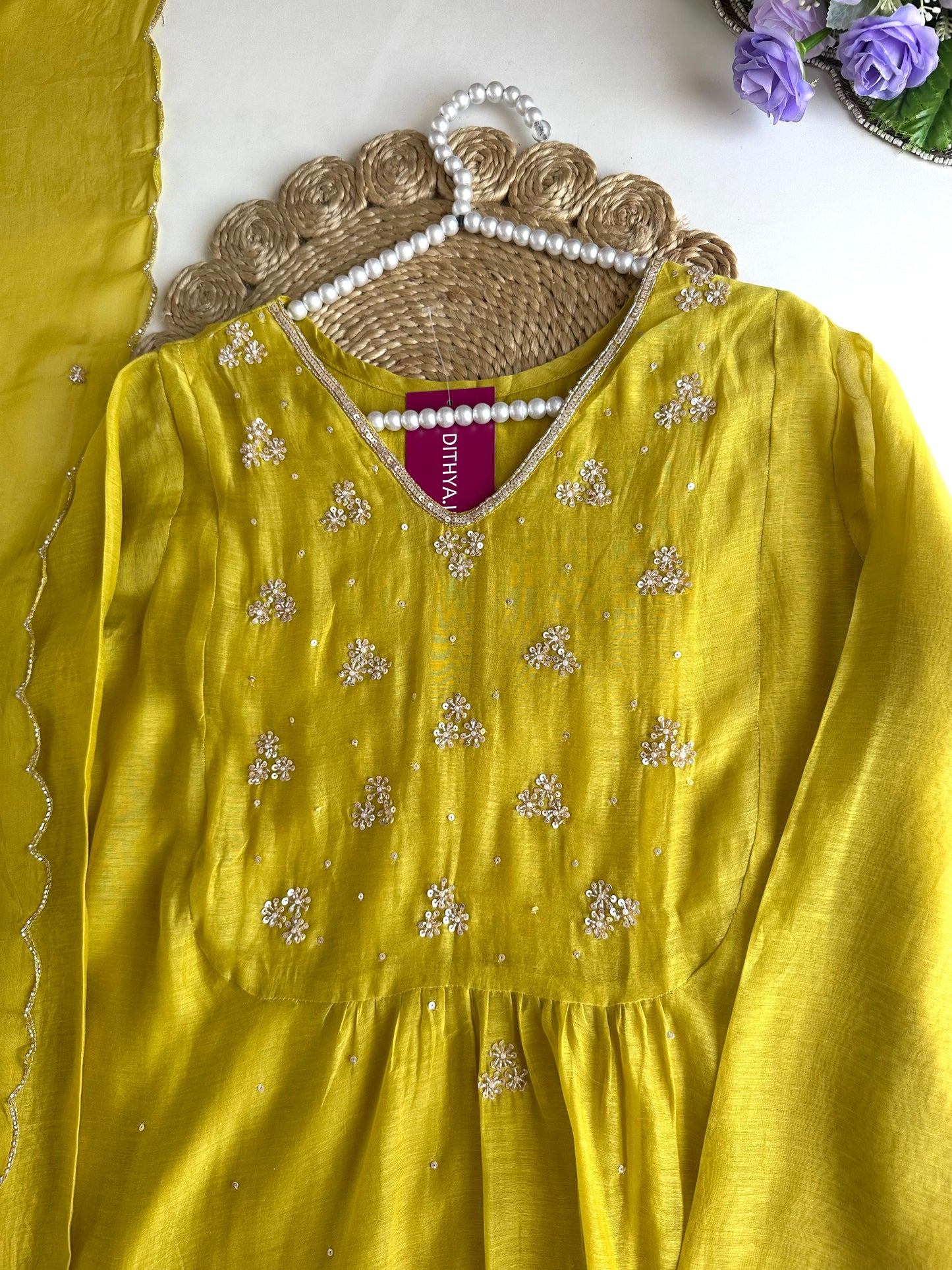K097 - Mul Chanderi handwork Aline Kurti with pants and dupatta