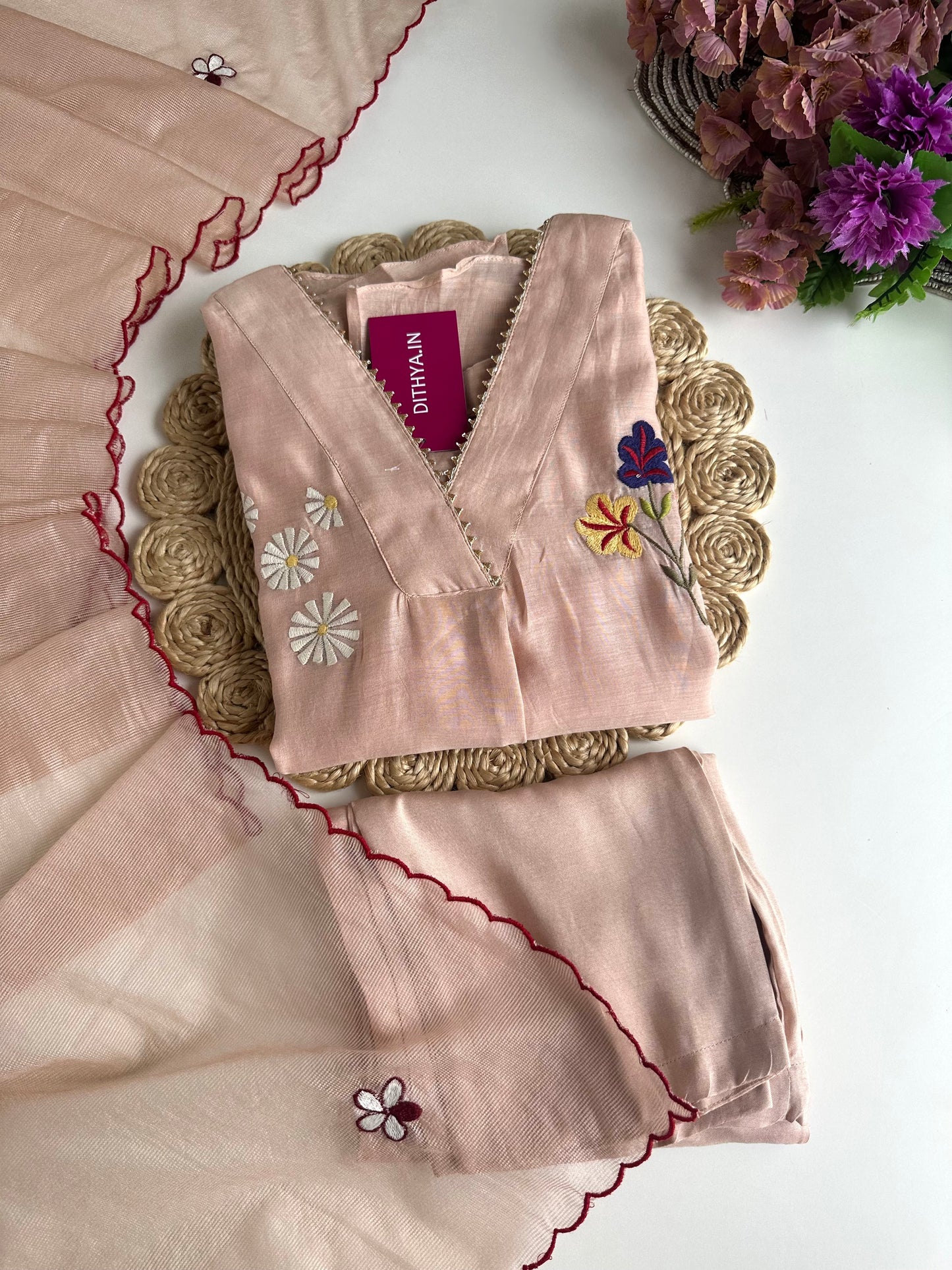K302 - Mul Chanderi Appliqué work Aline Kurti with pants and dupatta