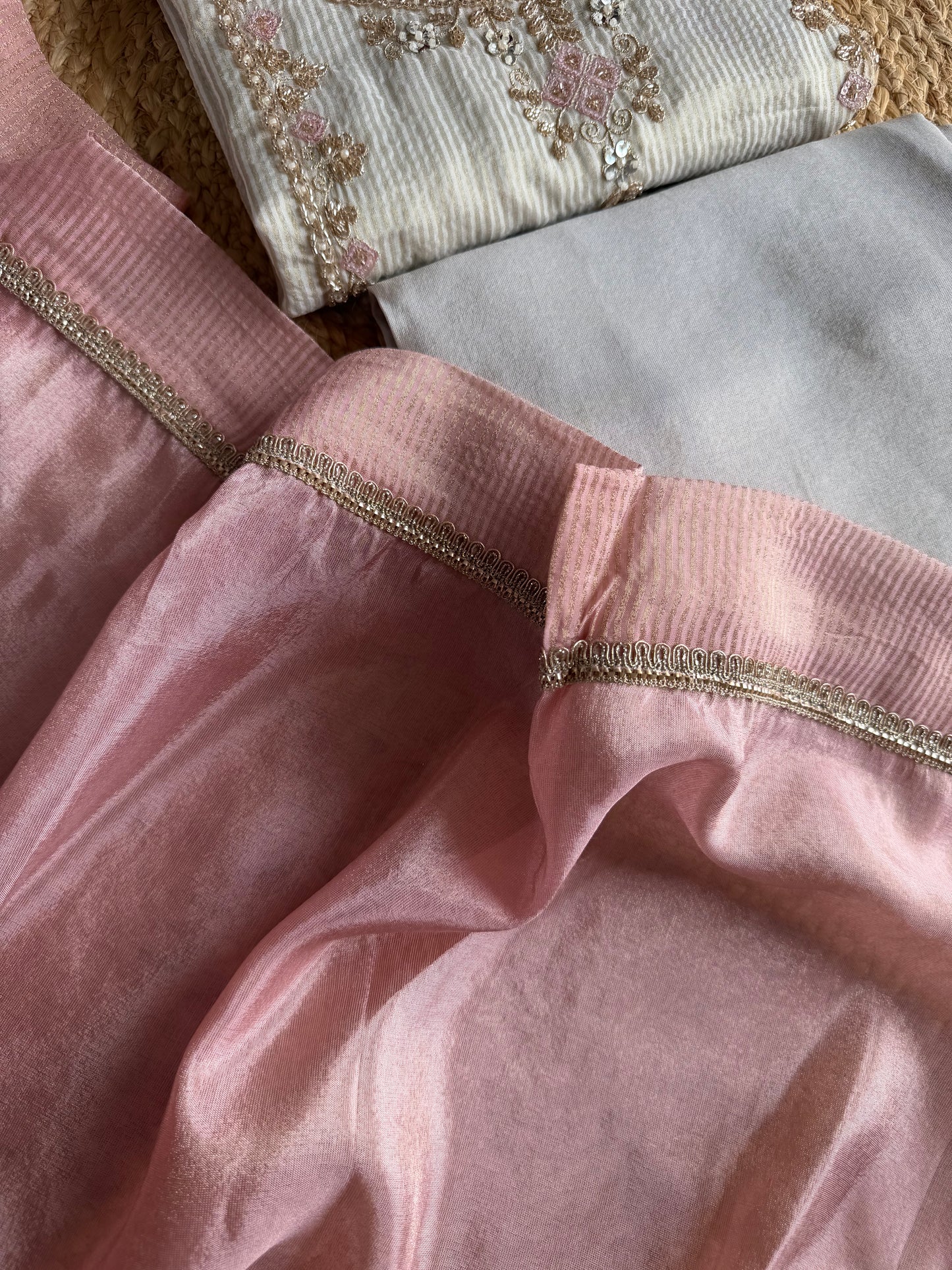 K172 - Tissue silk Handwork straight Kurti with pants and dupatta