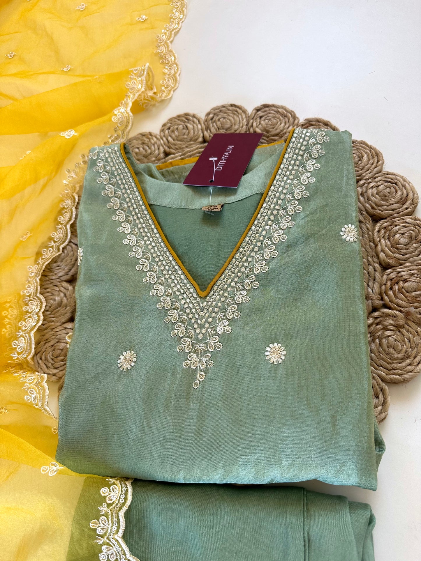 K285 - Tissue silk Threadwork straight kurti with pants and organza dupatta .