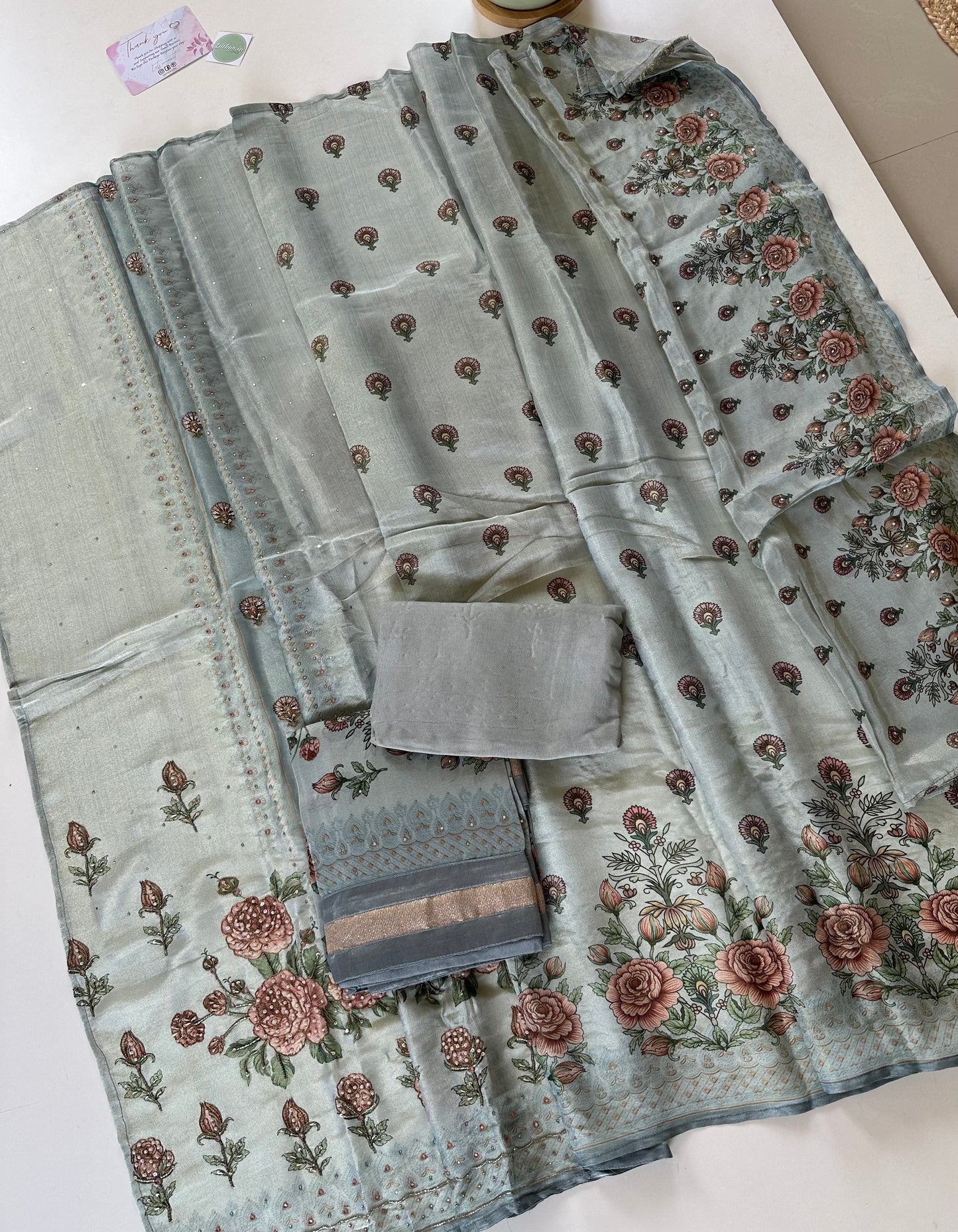 U001 - Tissue silk Floral hand work unstitched suits in 3 colours