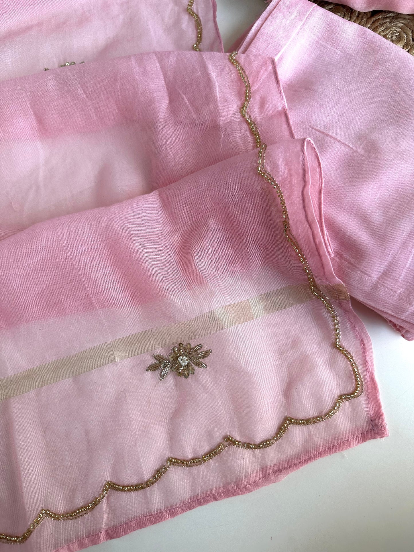 K070 - Mul Chanderi handwork Aline Kurti with pants and dupatta