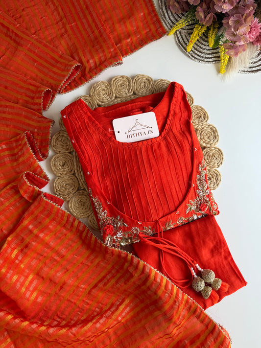 K521 - Mul chanderi Handwork aline Kurti with pants and dupatta