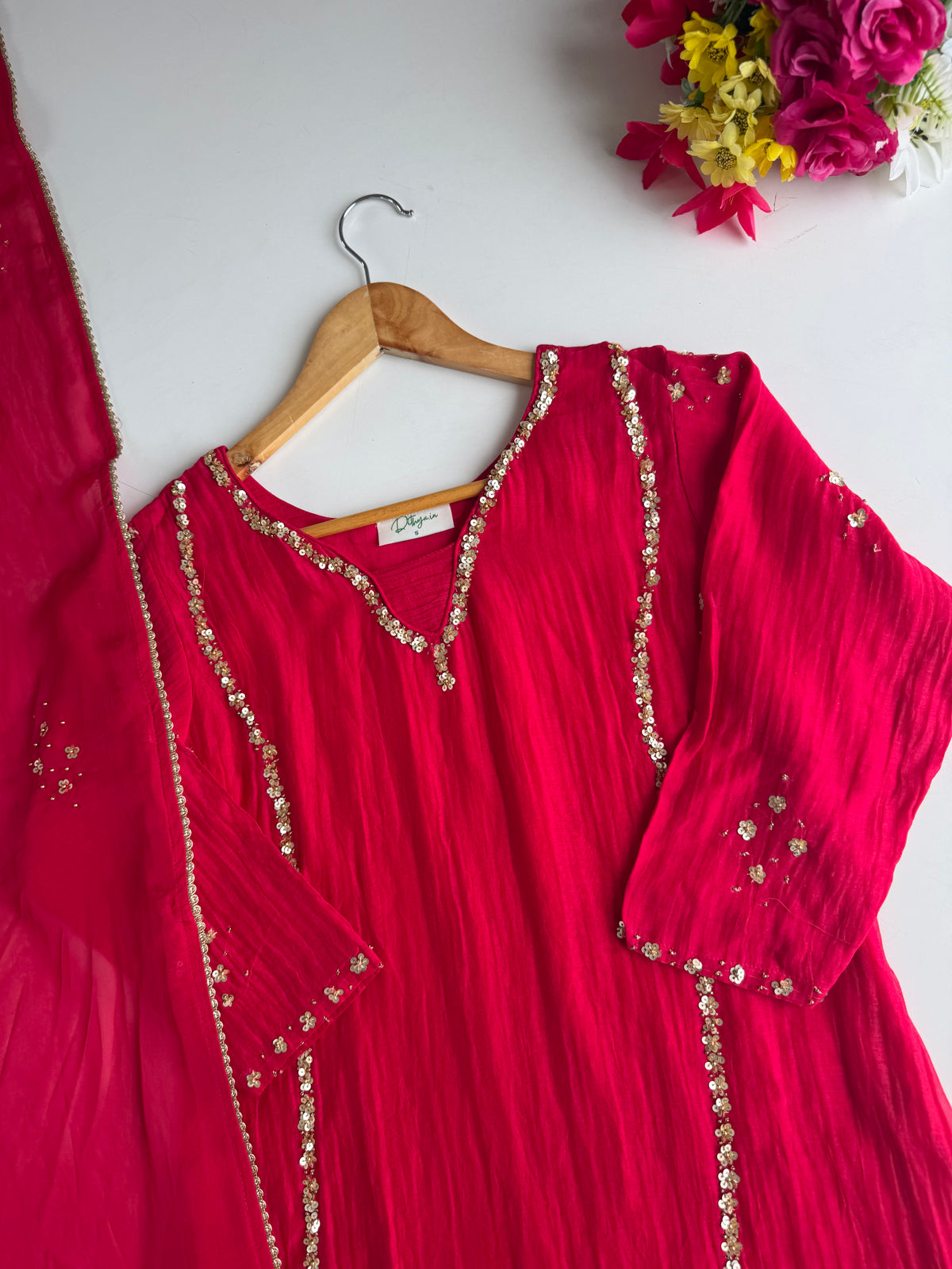 K406 - Banarasi Mul chanderi handwork aline Kurti with pants and dupatta
