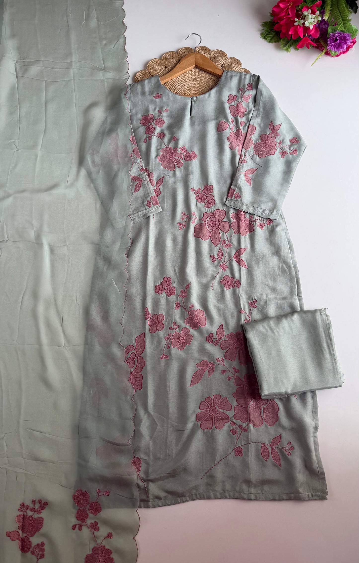 K014 - Russian silk appliqué embroidered straight Kurti with pants and dupatta