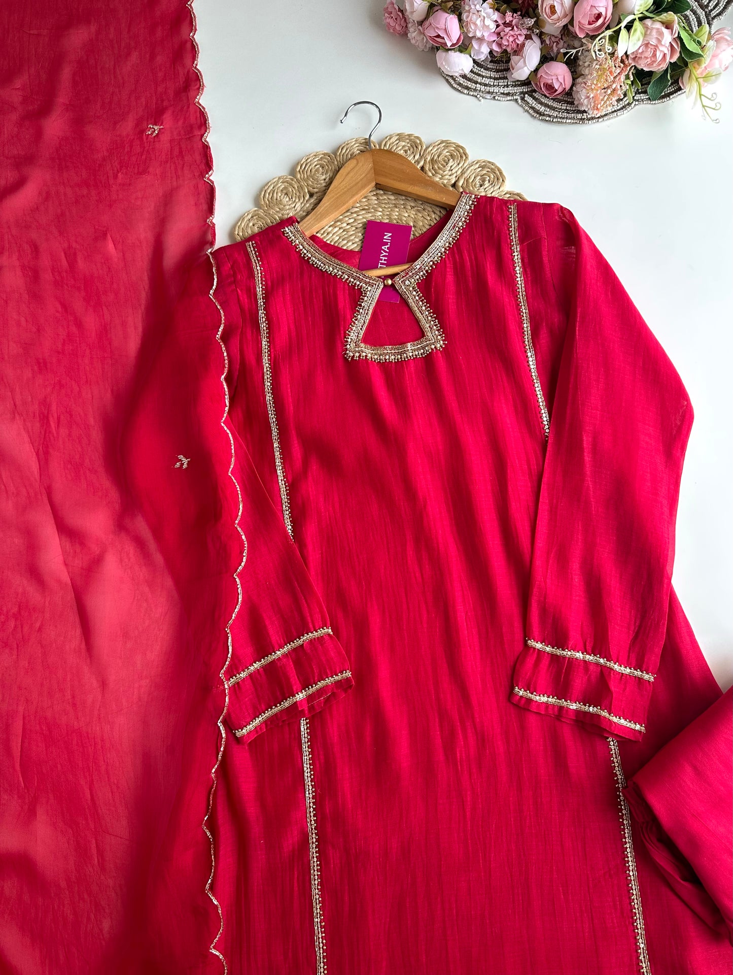 K228 - Mul Chanderi handwork Aline Kurti with pants and dupatta