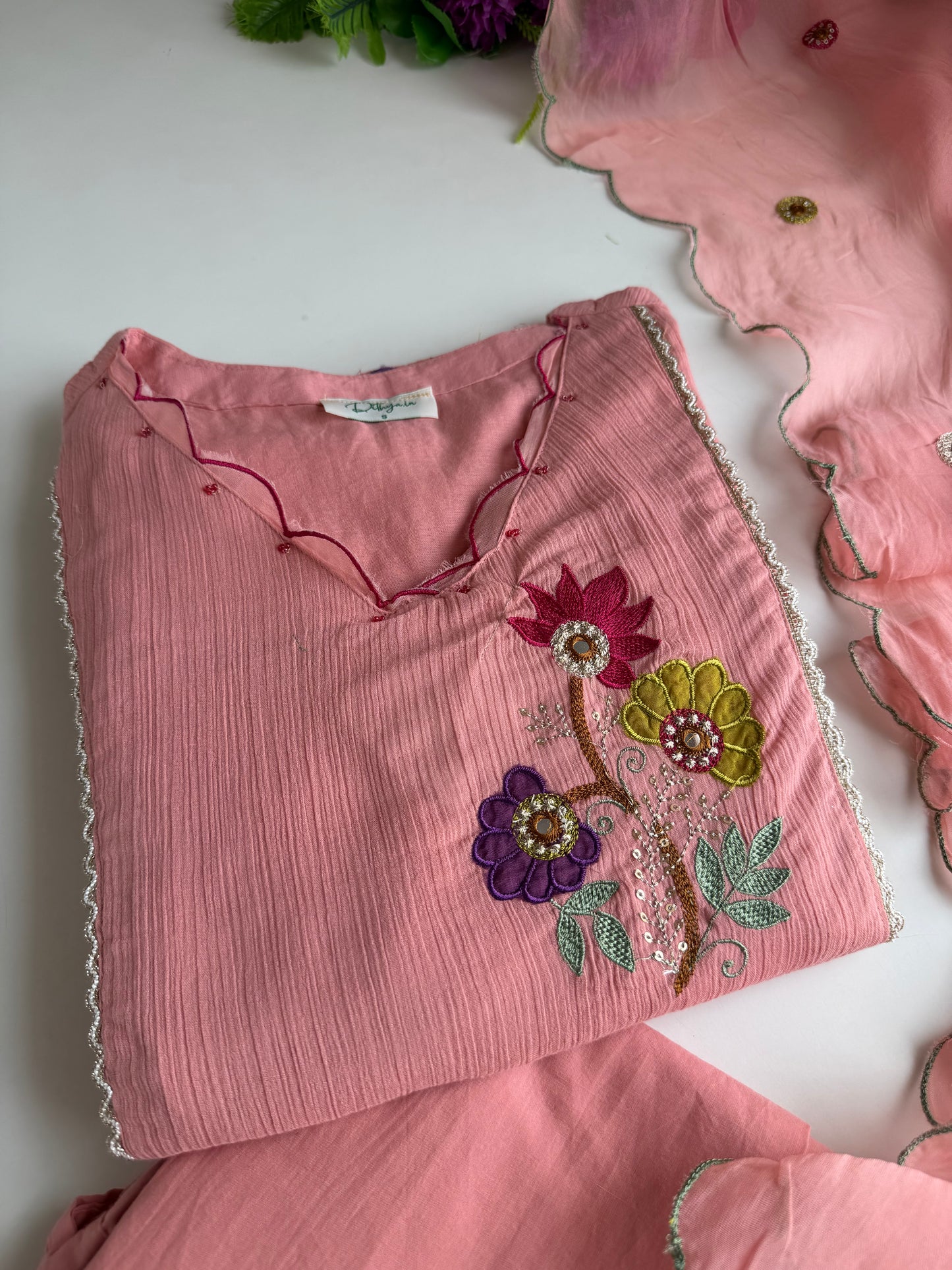 K539 - Crushed mul Chanderi embroidered Aline Kurti with pants and dupatta