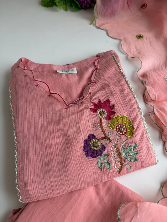 K539 - Crushed mul Chanderi embroidered Aline Kurti with pants and dupatta