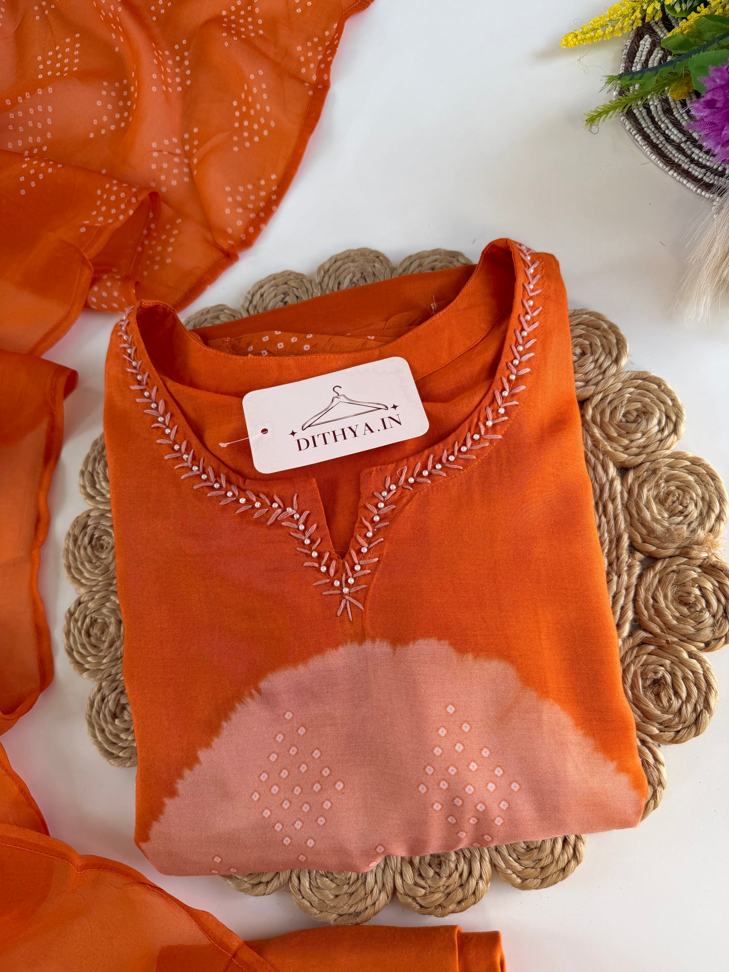 K599 - Muslin bandhini Aline Kurti with pants and dupatta