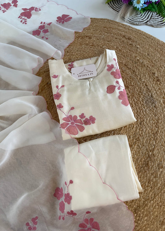 K603 - Russian silk appliqué work straight Kurti with pants and dupatta