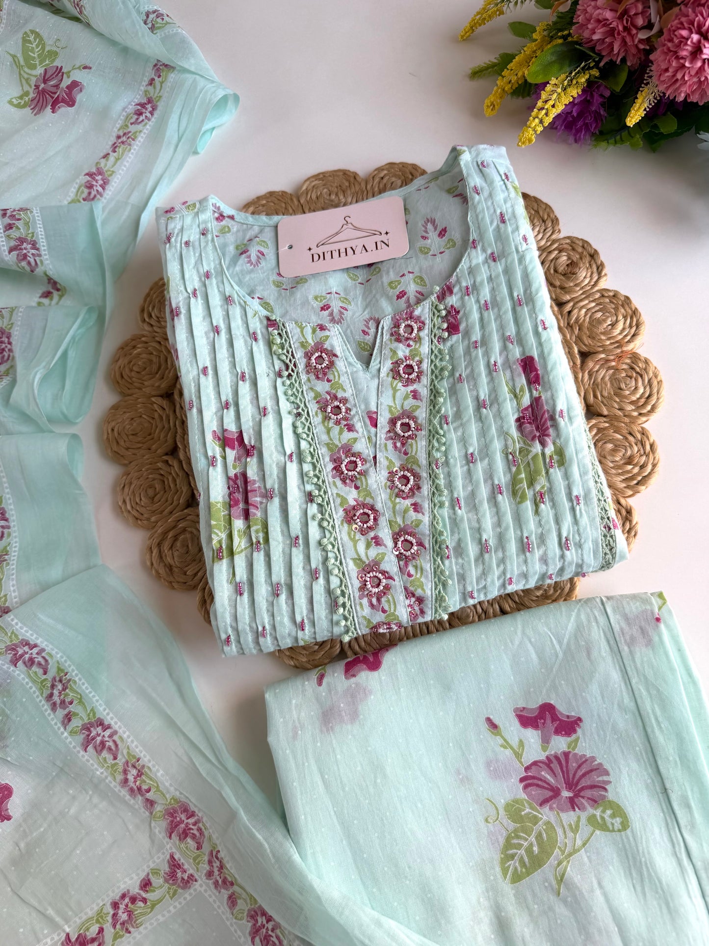 K059 - Mul cotton embroidered Anarkali with pants and dupatta