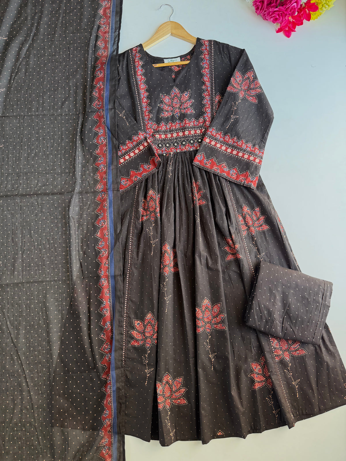 K609 - Mul cotton embroidered Anarkali with pants and dupatta
