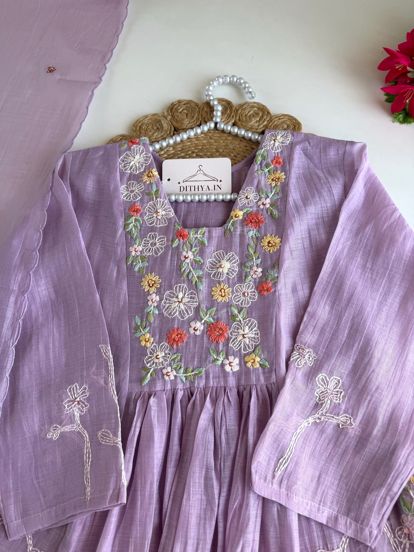K336 - Mul chanderi embroidered Anarkali with pants and dupatta