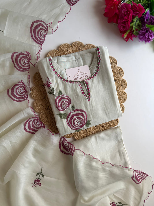 K280 - Mul chanderi handwork straight Kurti with pants and dupatta