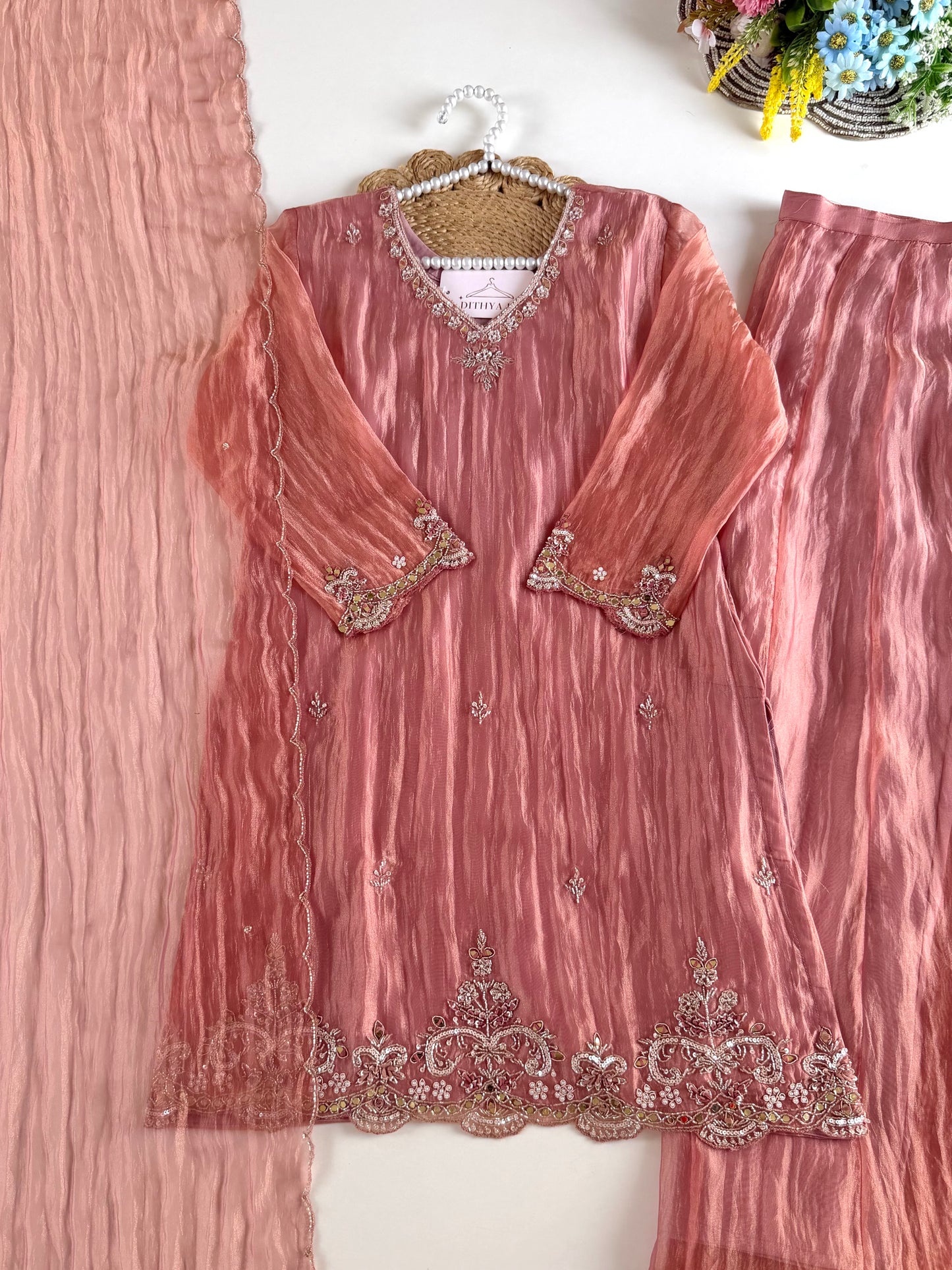 K500 - Glass tissue silk handwork short Kurti with divider pants and dupatta