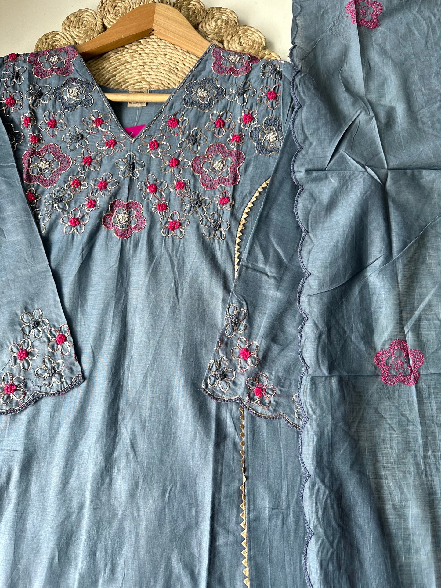 K375 -Mul Chanderi handwork Aline Kurti with pants and dupatta