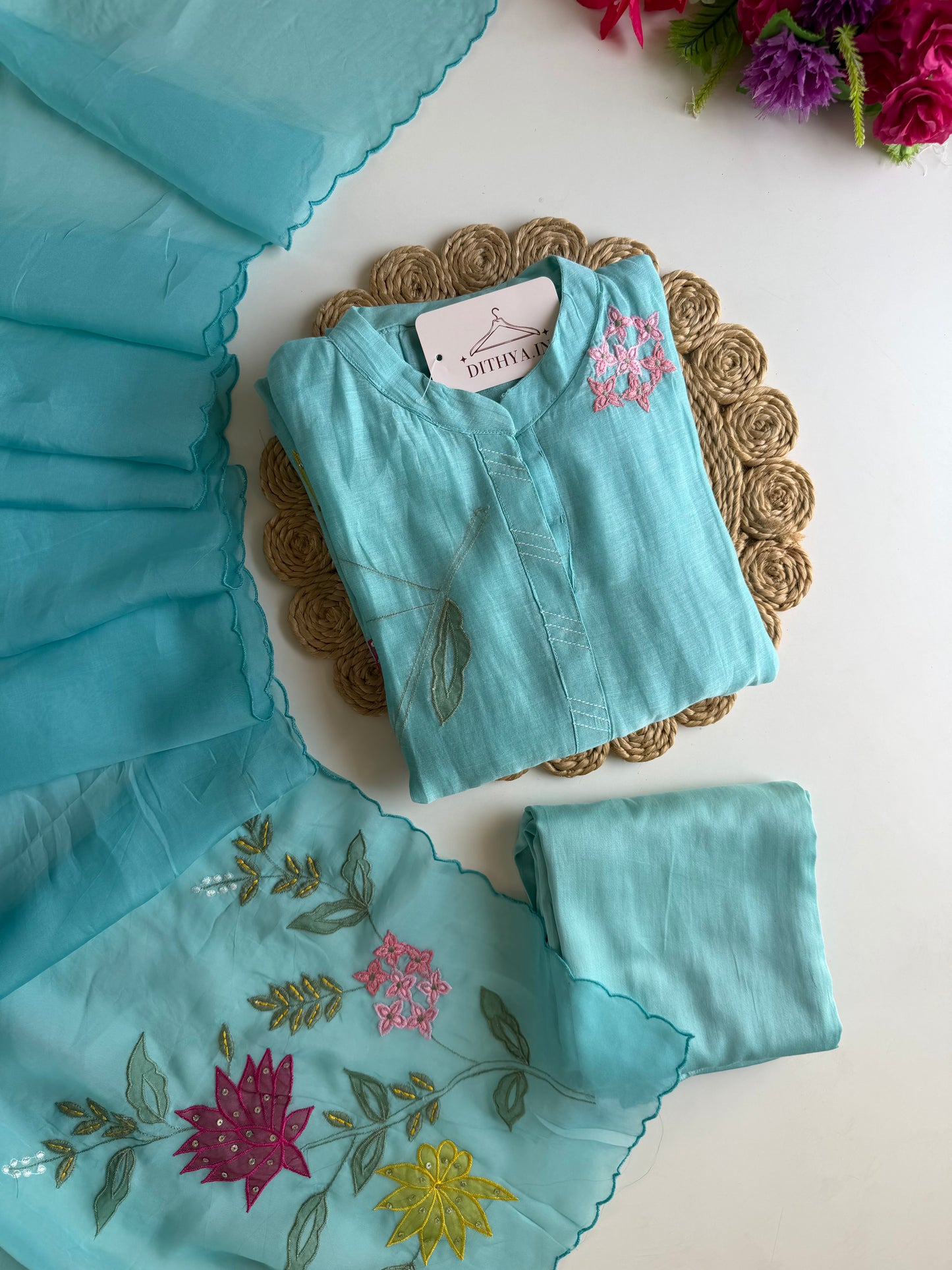 K589 - Mul chanderi appliqué embroidered Aline Kurti with pants and dupatta