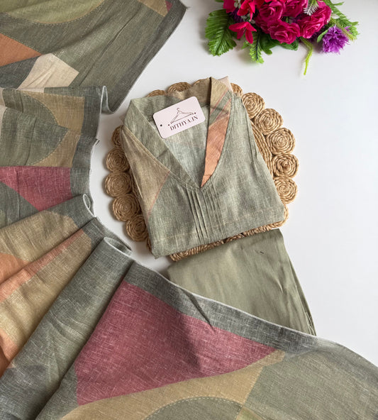 K242 - Linen printed Aline Kurti with pants and dupatta
